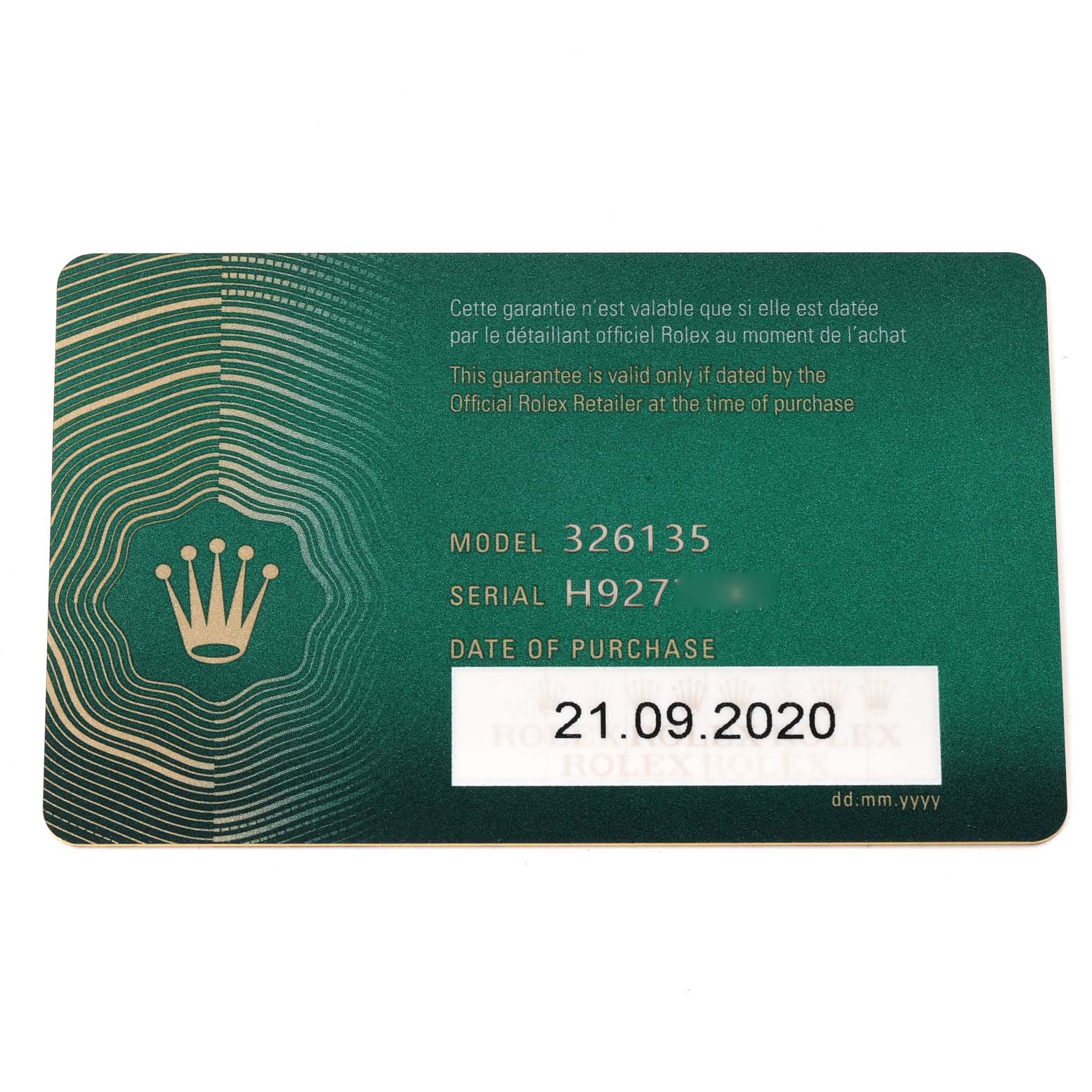 This image shows the warranty card for a Rolex Sky-Dweller 326135 Men's Rose Gold Grey Dial 326135 Men's Rose Gold Grey Dial model, including the model number, serial number, and date of purchase.