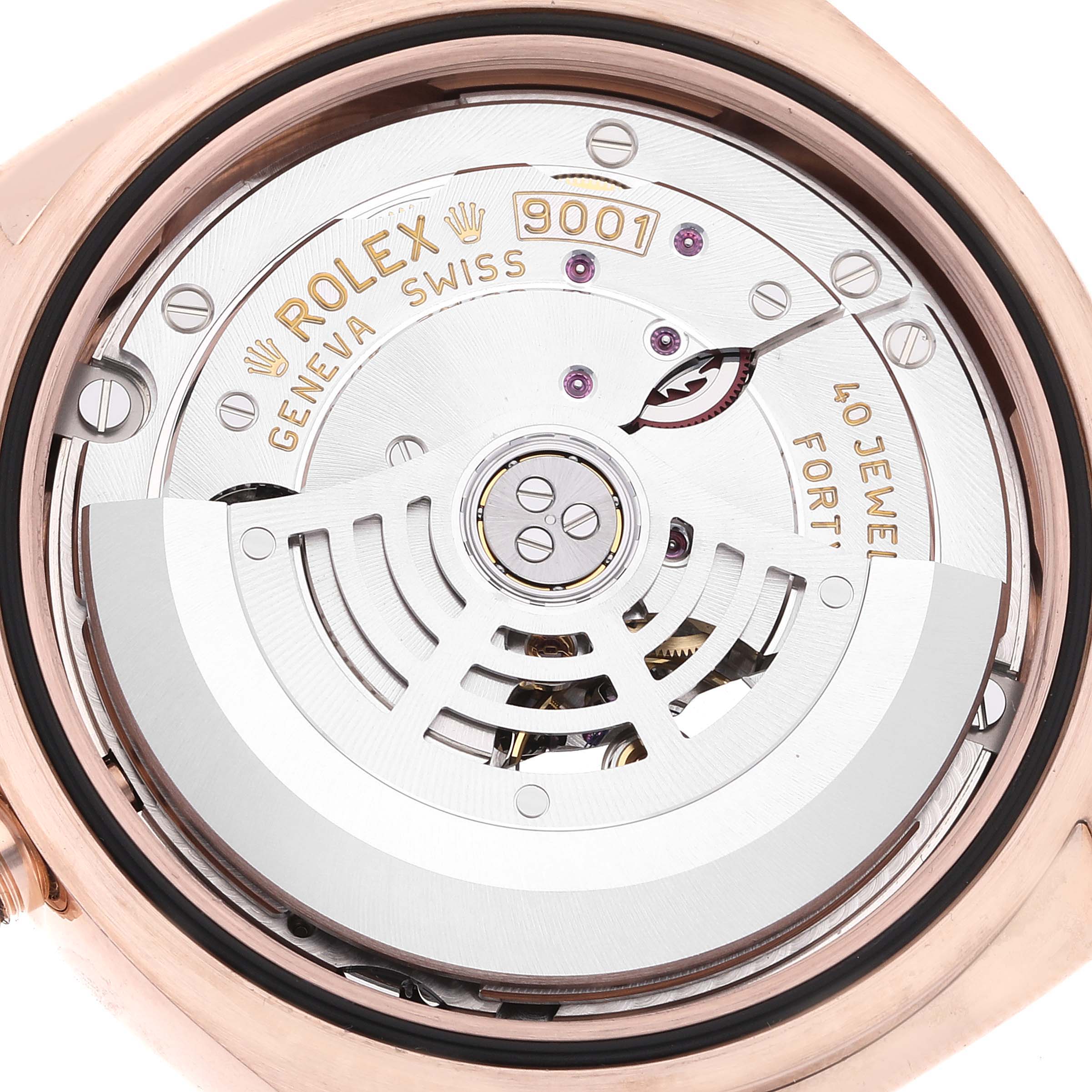 The image shows the movement of a Rolex Sky-Dweller 326135 Men's Rose Gold Grey Dial 326135 Men's Rose Gold Grey Dial watch, particularly the automatic rotor and internal components from a rear angle.