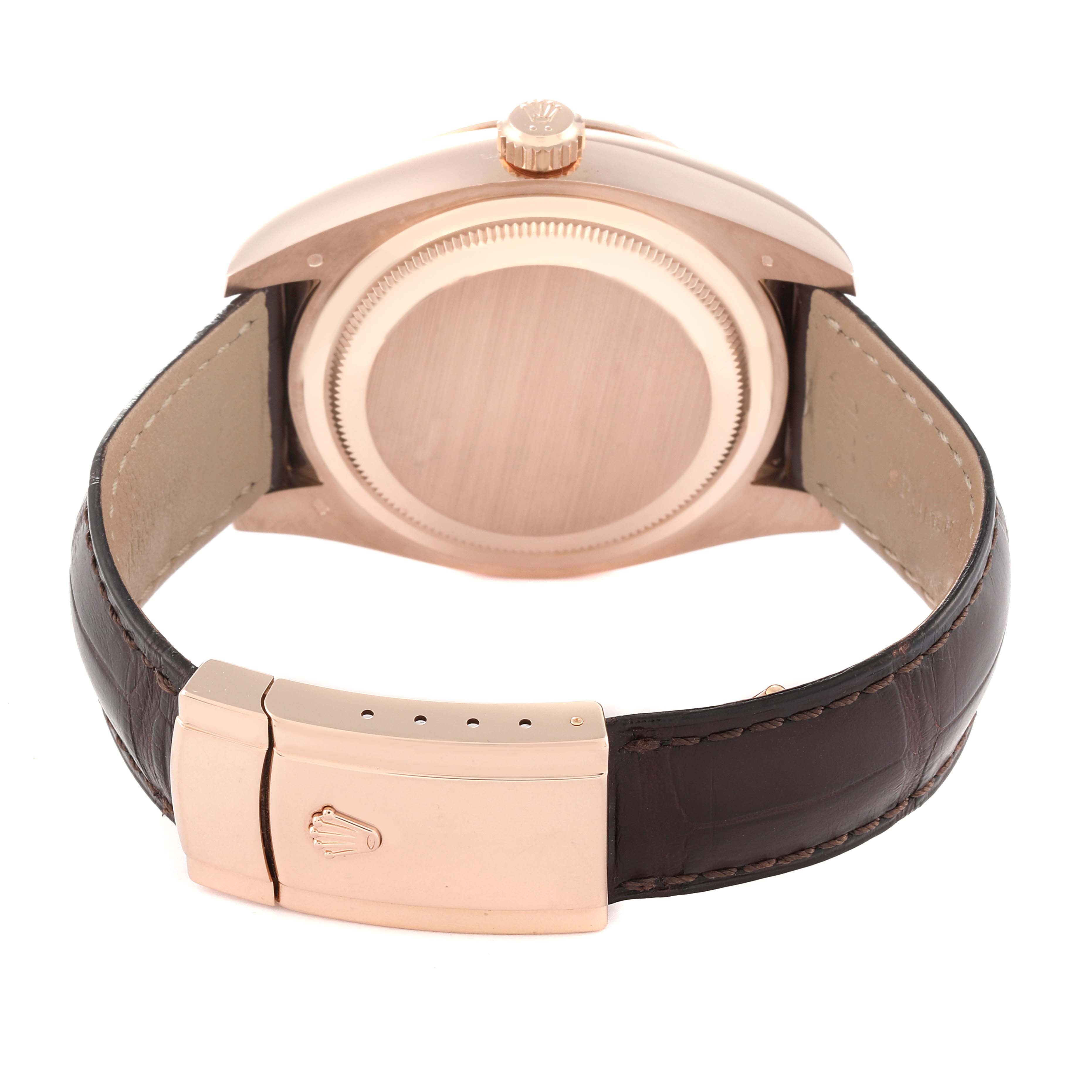 This image shows the back view of a Rolex Sky-Dweller 326135 Men's Rose Gold Grey Dial 326135 Men's Rose Gold Grey Dial watch with a leather strap and deployment clasp.