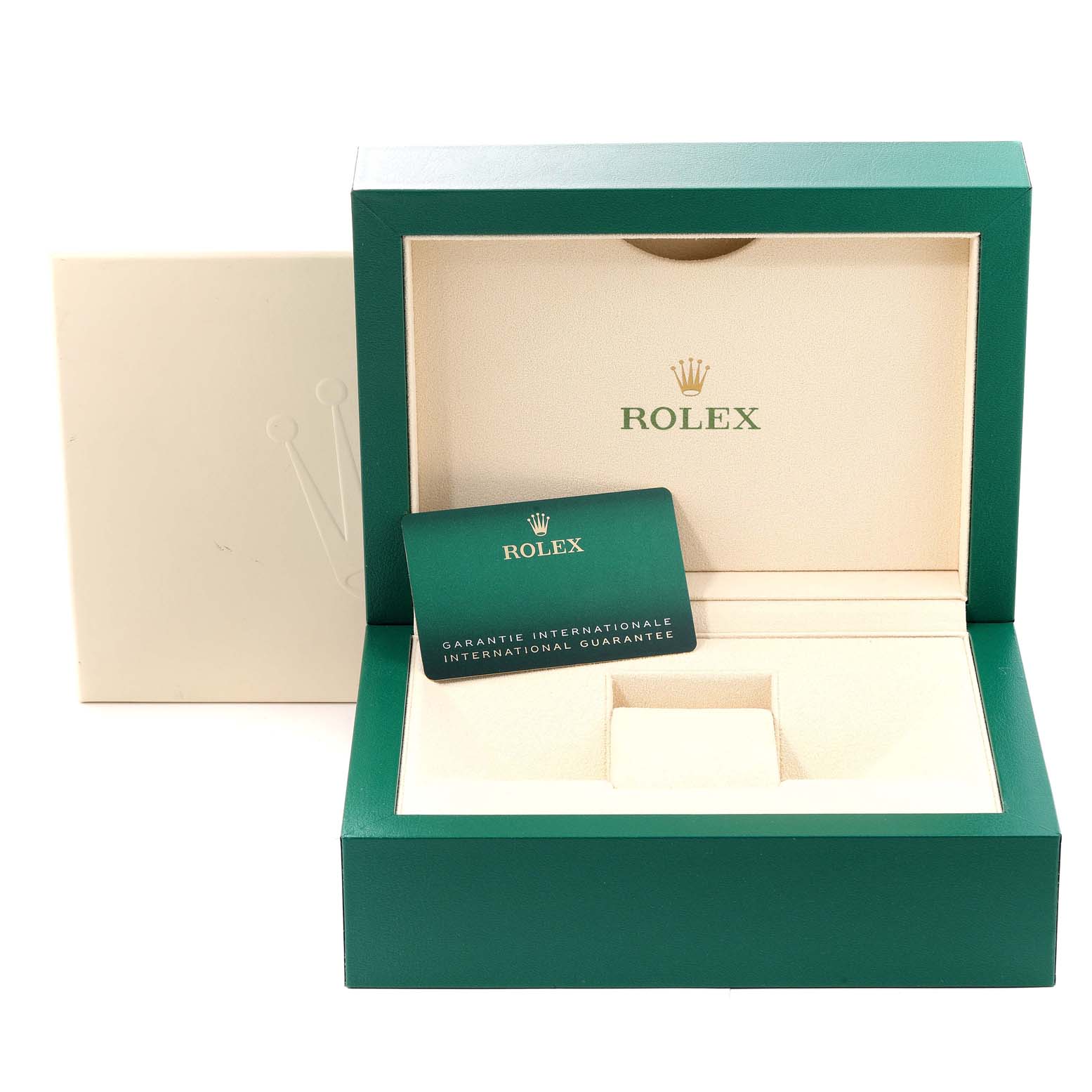 This is the packaging for a Rolex Sky-Dweller 326135 Men's Rose Gold Grey Dial 326135 Men's Rose Gold Grey Dial showing the outer box, inner box, and the international guarantee card.