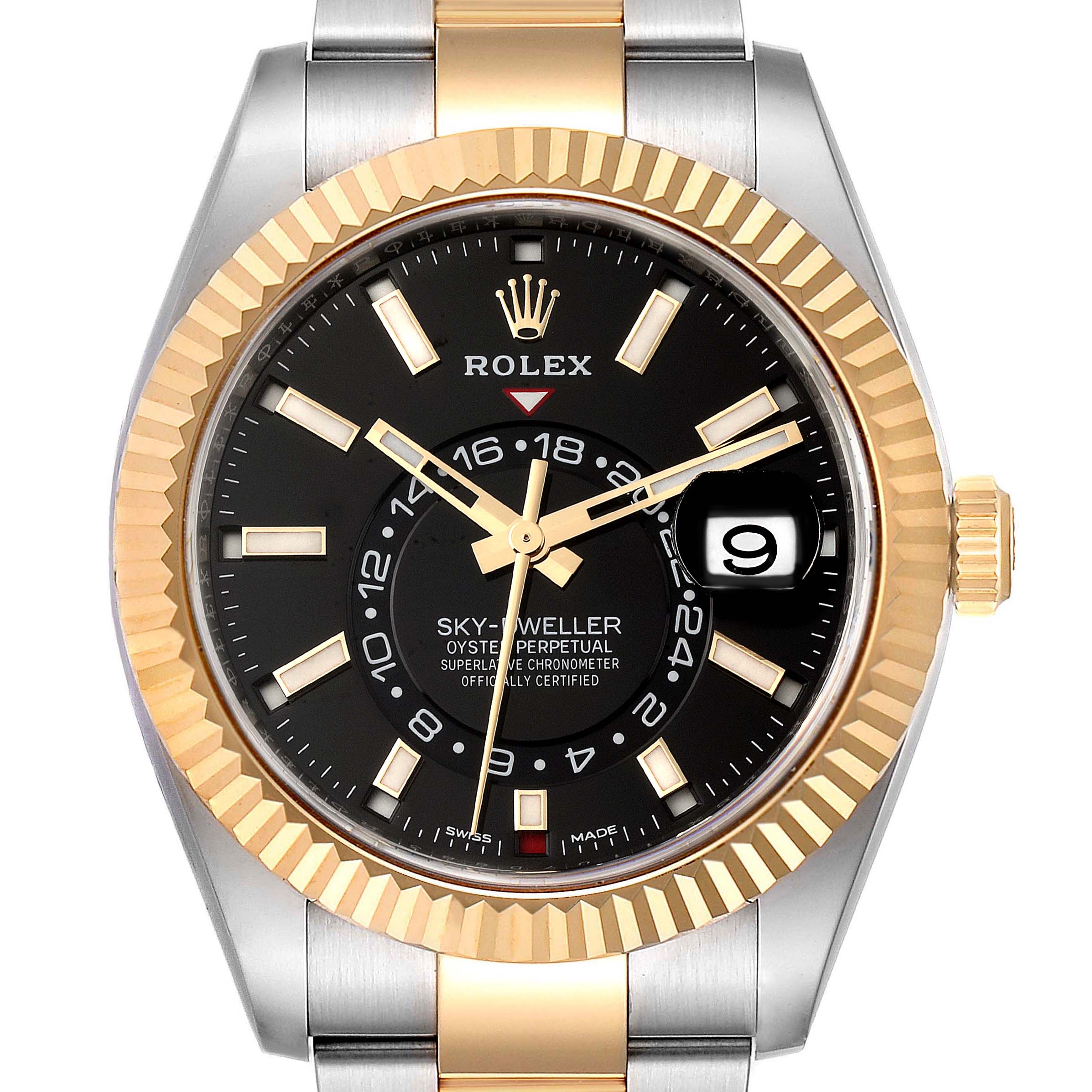 The image shows a front view of the Rolex Sky-Dweller 326933 Men's Steel and Gold (two tone) Black Dial 326933 Men's Steel and Gold (two tone) Black Dial watch, highlighting its black dial, gold fluted bezel, and date window.