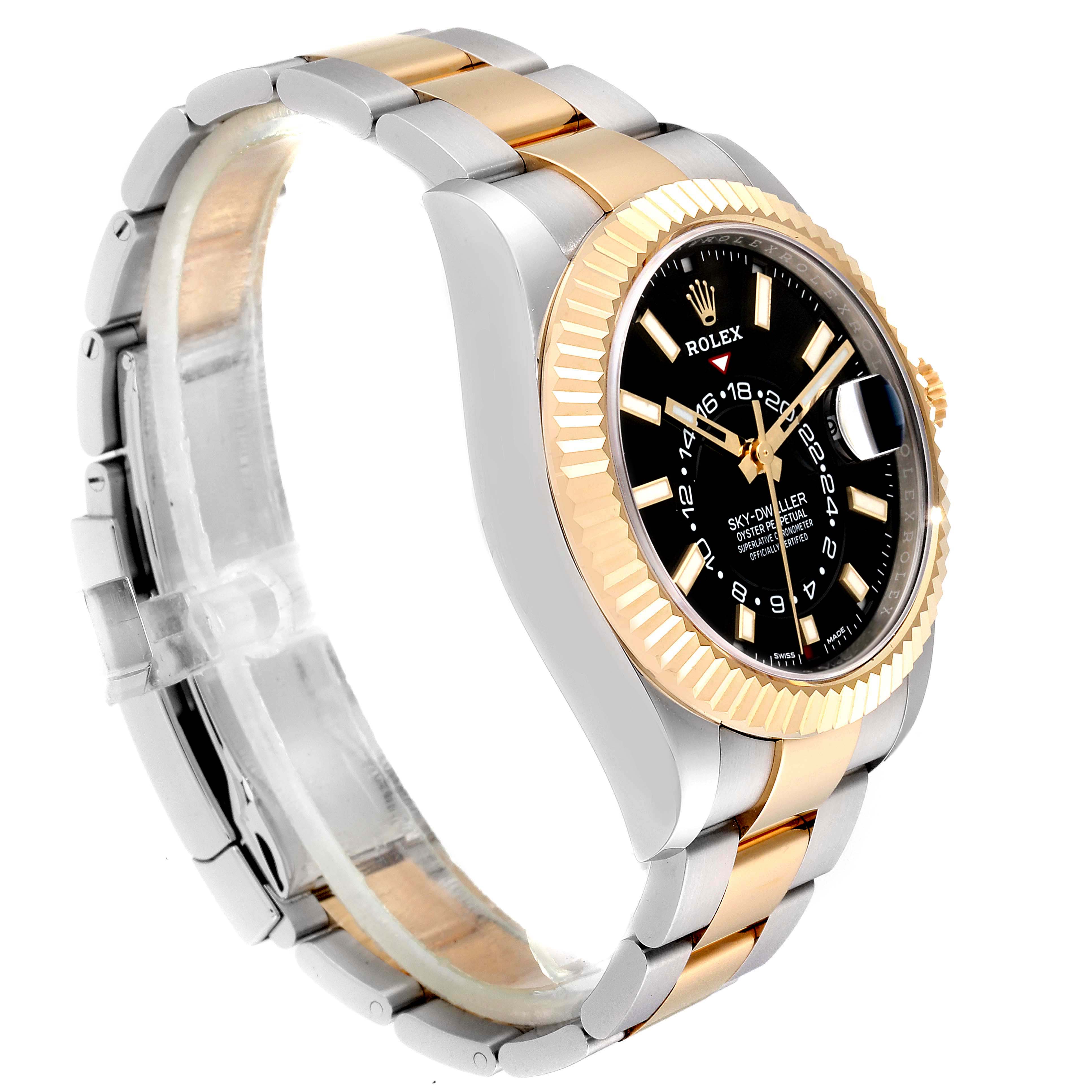 This image displays a Rolex Sky-Dweller 326933 Men's Steel and Gold (two tone) Black Dial 326933 Men's Steel and Gold (two tone) Black Dial watch at a side angle, showcasing its two-tone bracelet and black dial.