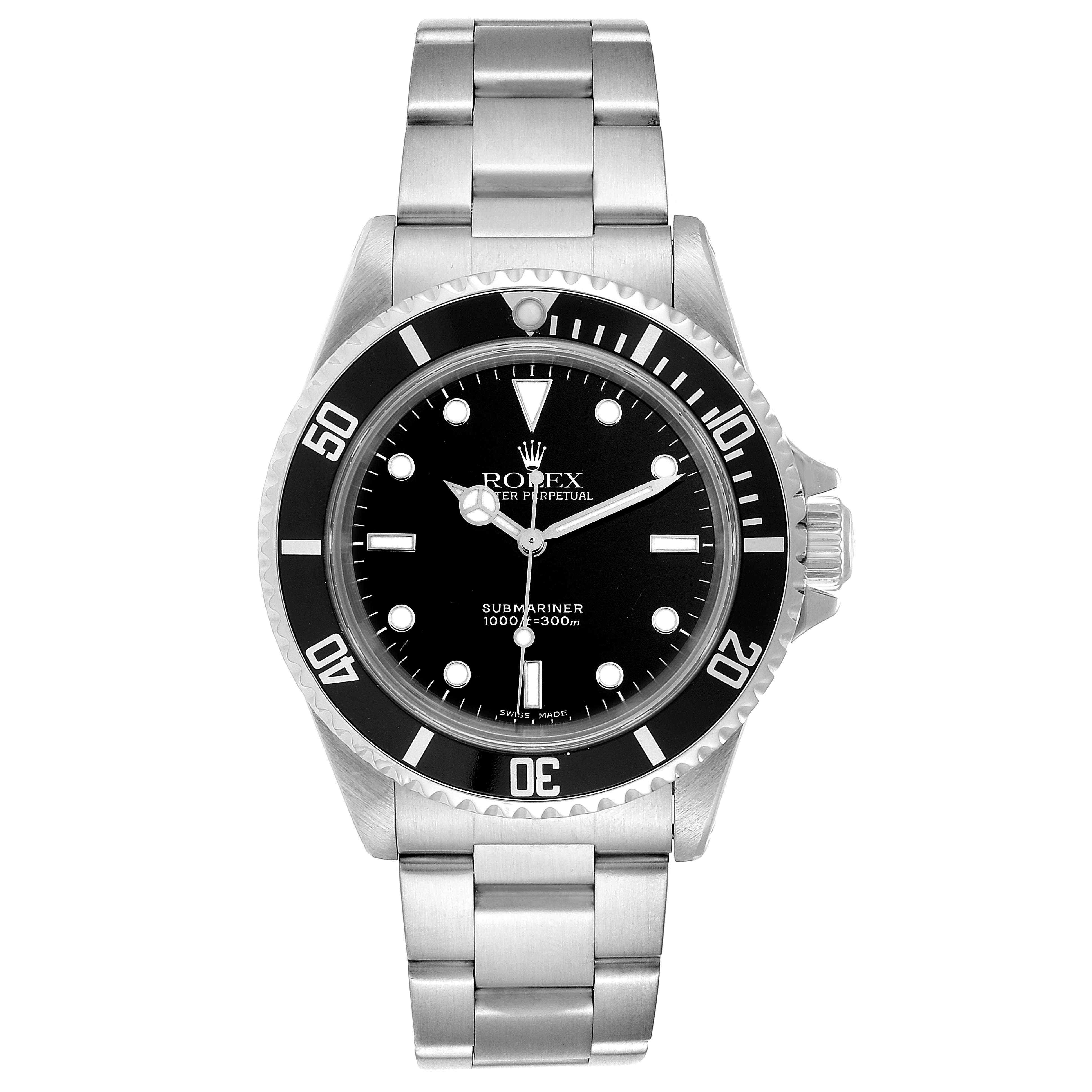The Rolex Submariner 14060M Men
s Stainless Steel Black Dial 14060M Men
s Stainless Steel Black Dial watch is shown from the front, displaying its face, bezel, and bracelet.