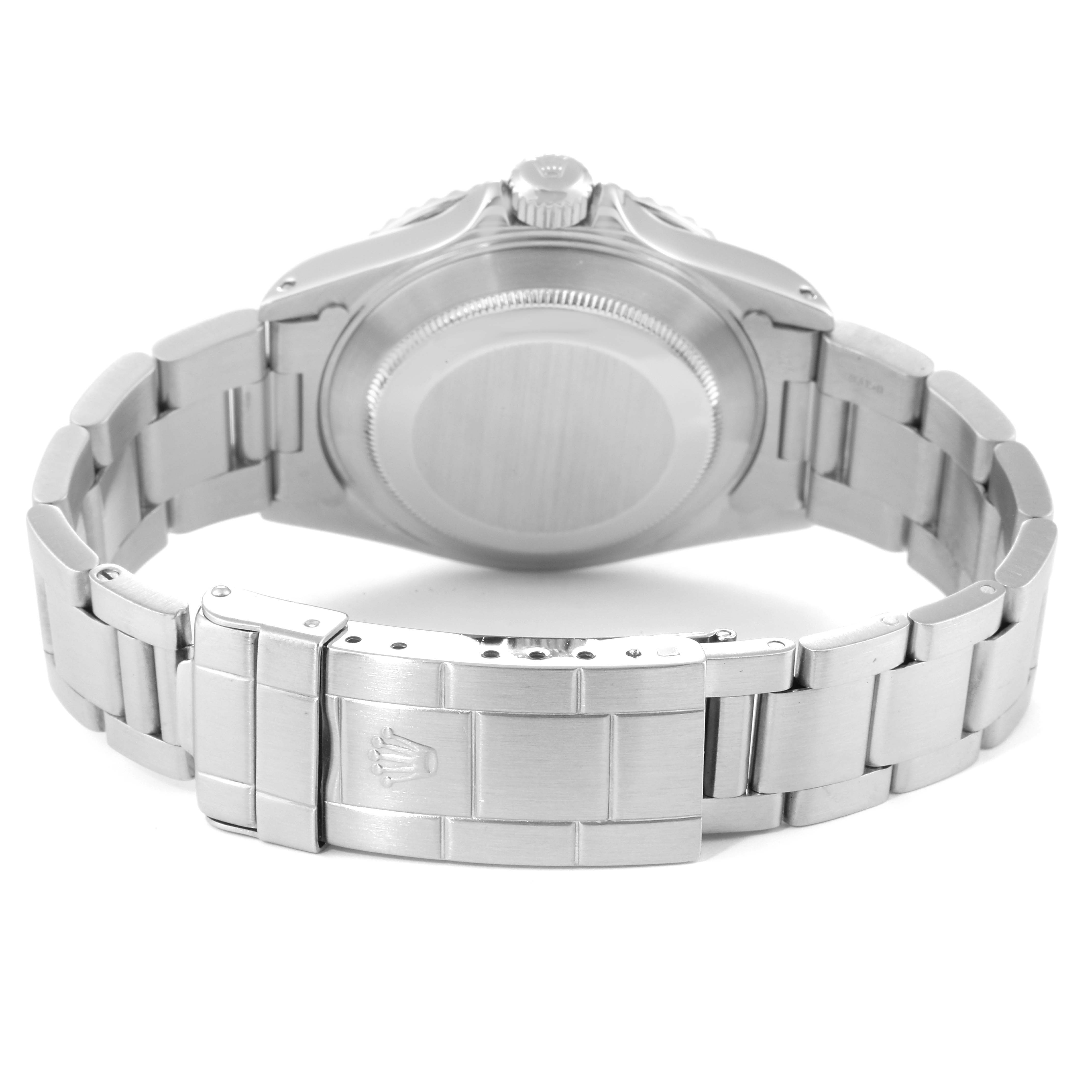 This image shows the back view of a Rolex Submariner 14060M Men
s Stainless Steel Black Dial 14060M Men
s Stainless Steel Black Dial watch, highlighting its case back and the stainless steel bracelet with clasp.