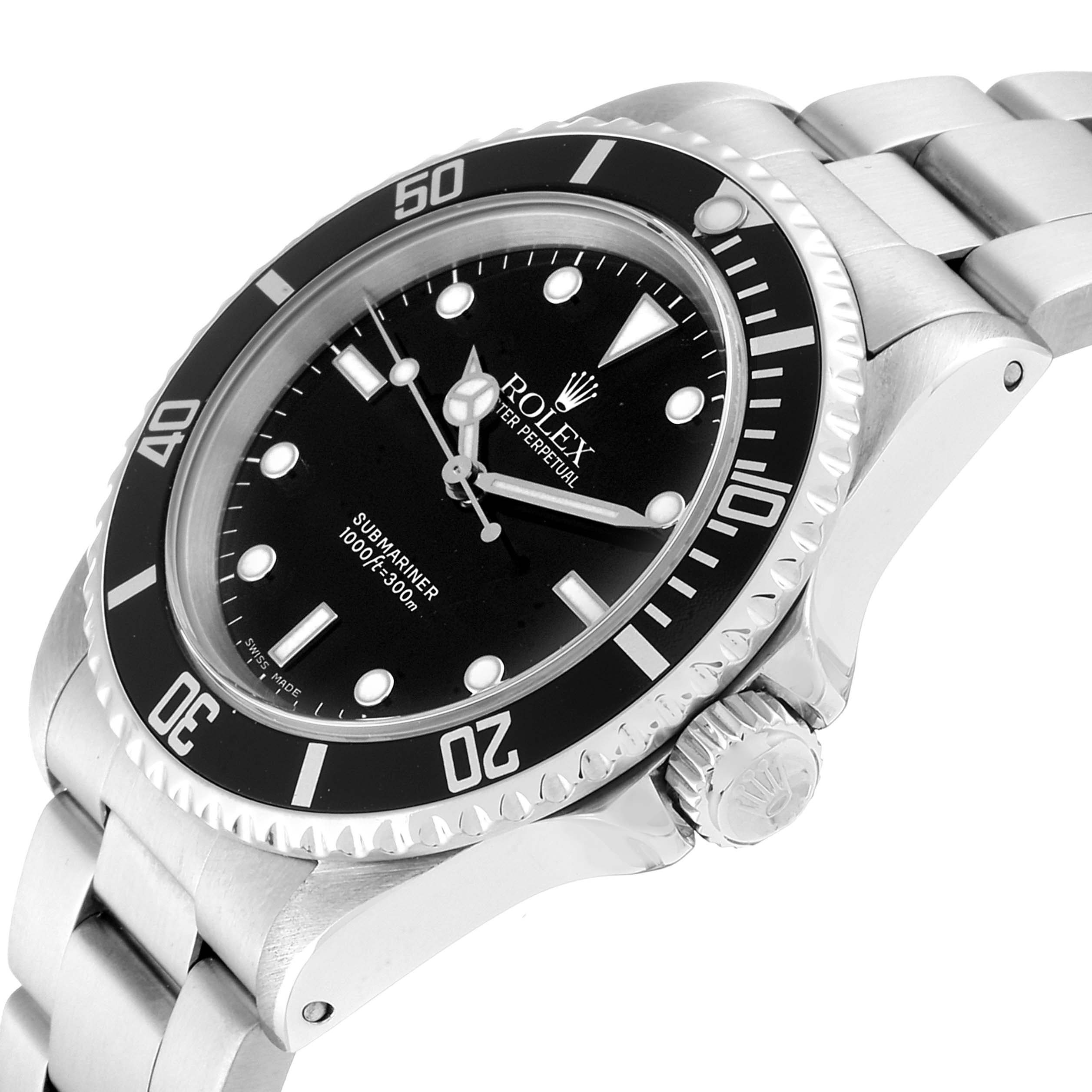 The image shows a close-up side view of a Rolex Submariner 14060M Men
s Stainless Steel Black Dial 14060M Men
s Stainless Steel Black Dial, highlighting the bezel, dial, crown, and part of the bracelet.