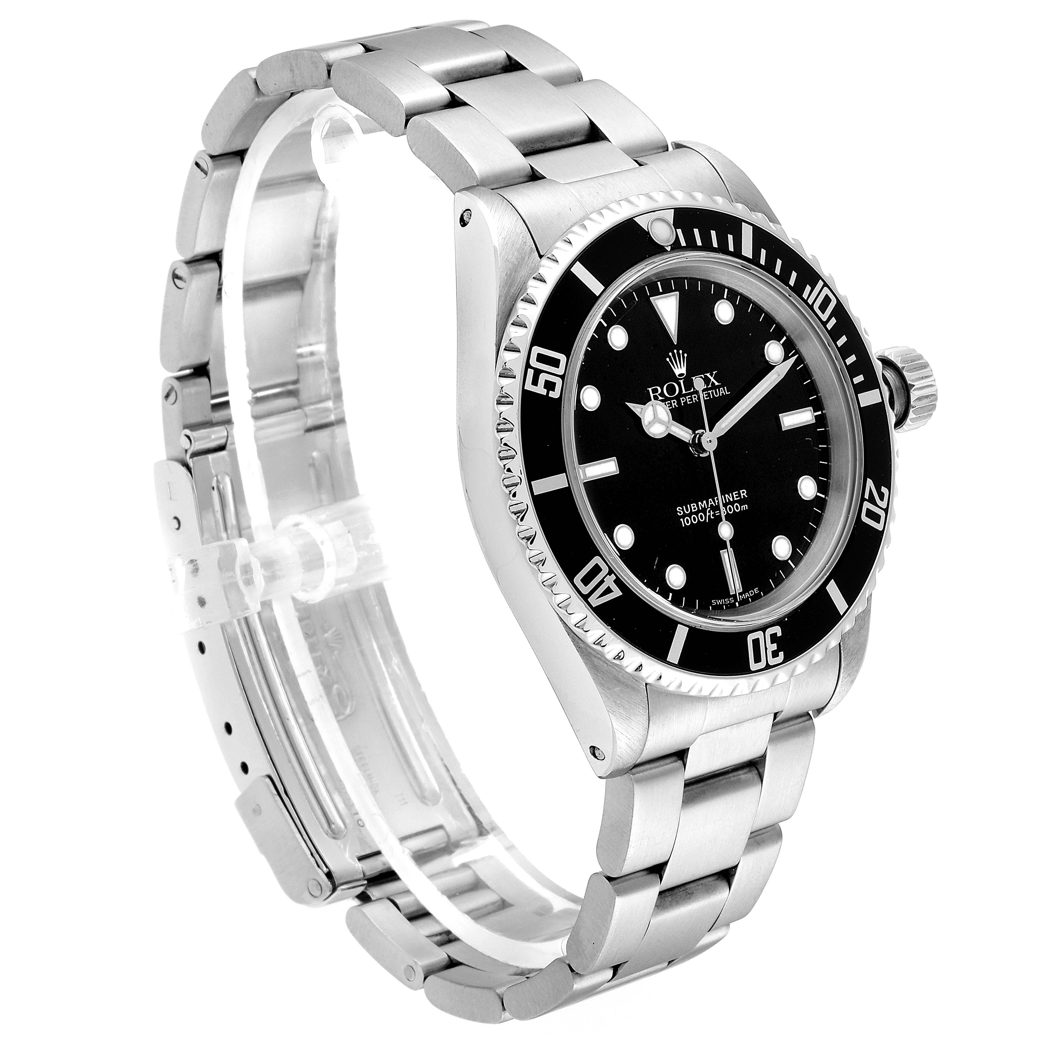 This image shows a Rolex Submariner 14060M Men
s Stainless Steel Black Dial 14060M Men
s Stainless Steel Black Dial watch at a three-quarter angle featuring its bezel, dial, and bracelet.