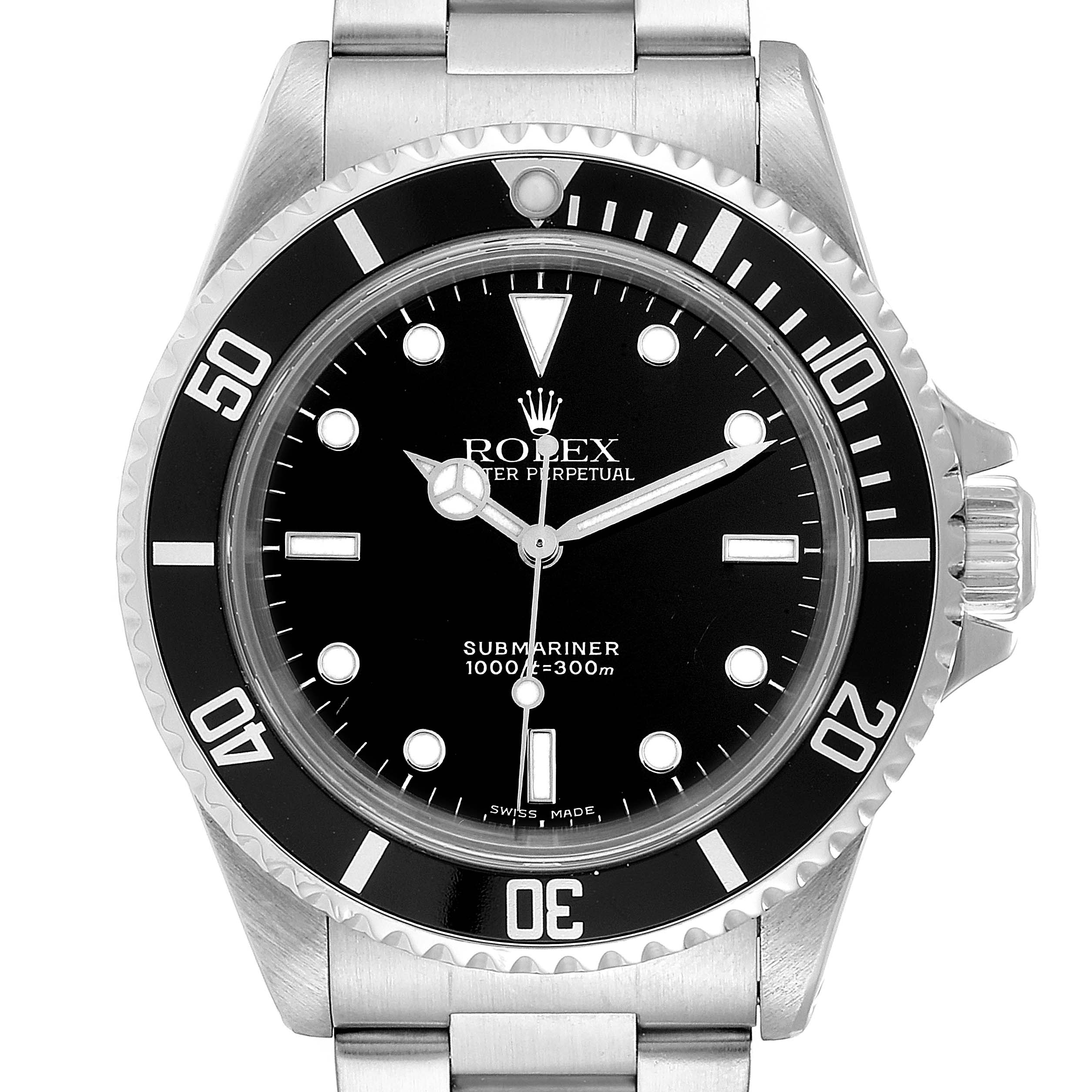 The image shows a frontal view of a Rolex Submariner 14060M Men
s Stainless Steel Black Dial 14060M Men
s Stainless Steel Black Dial watch, highlighting its dial, bezel, hands, and crown.