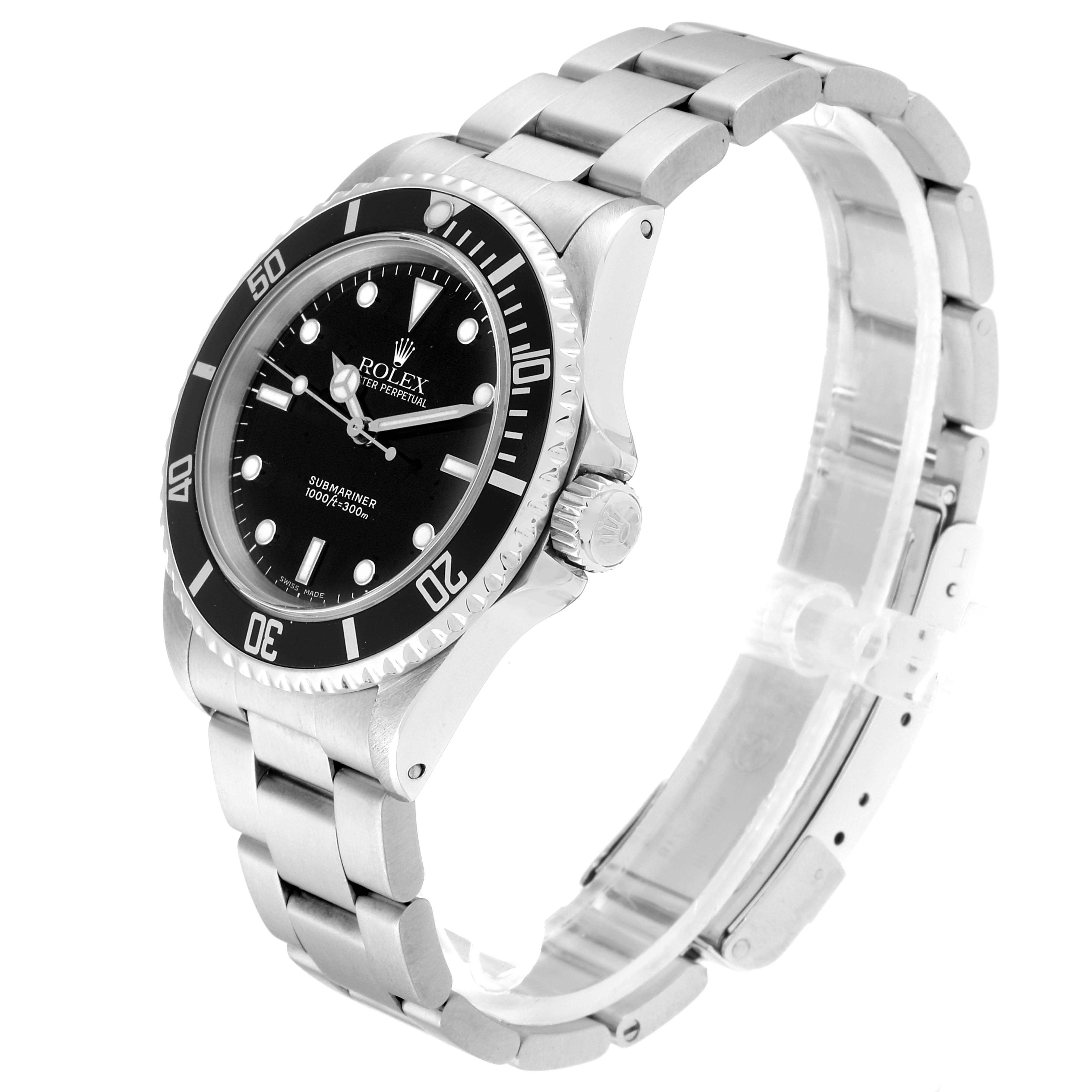 This image shows a Rolex Submariner 14060M Men
s Stainless Steel Black Dial 14060M Men
s Stainless Steel Black Dial watch at an angled side view, highlighting the bezel, dial, crown, and stainless steel bracelet.