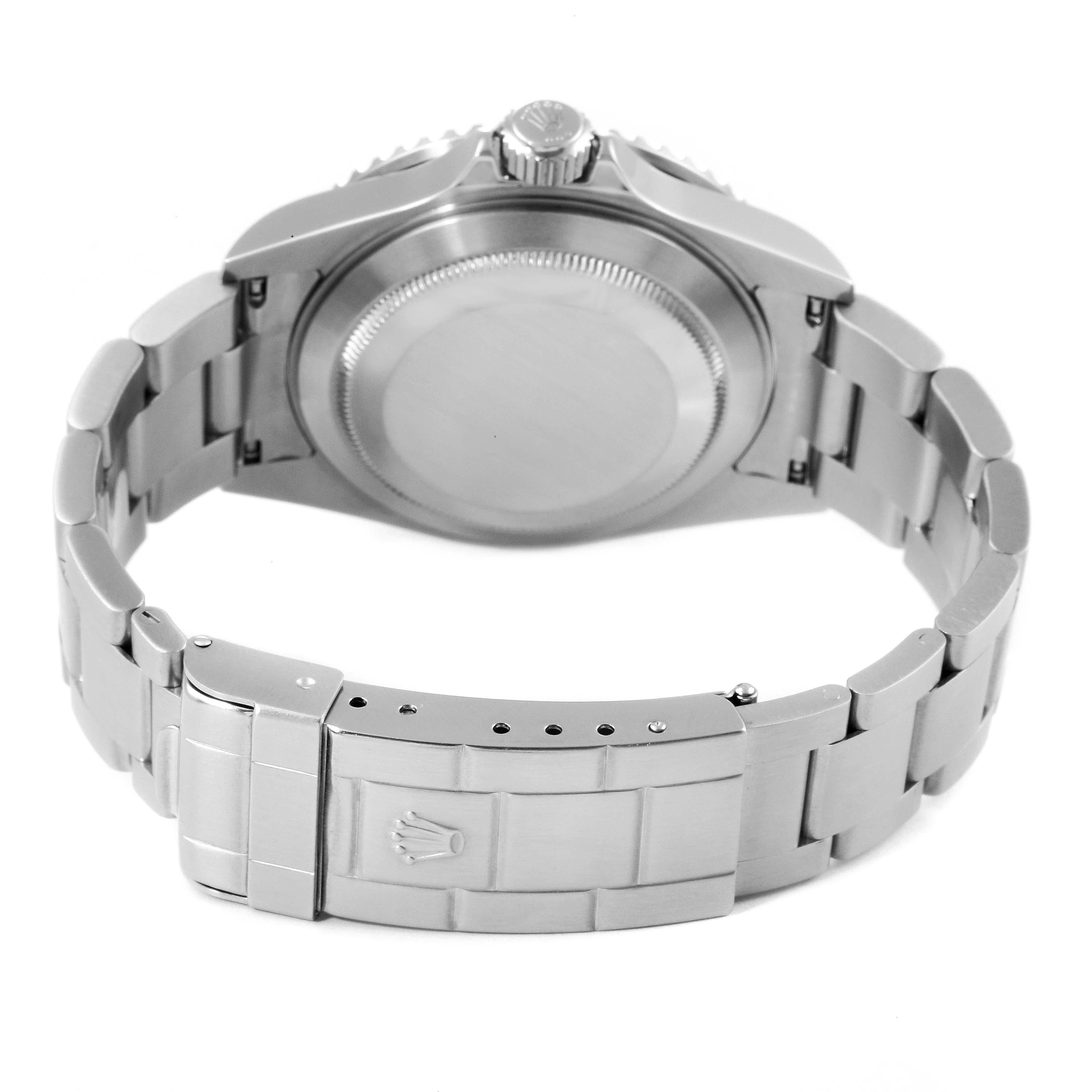 The image shows the back and bracelet of a Rolex Submariner 16610 Men
s Stainless Steel Black Dial 16610 Men
s Stainless Steel Black Dial watch, highlighting the case back and clasp.