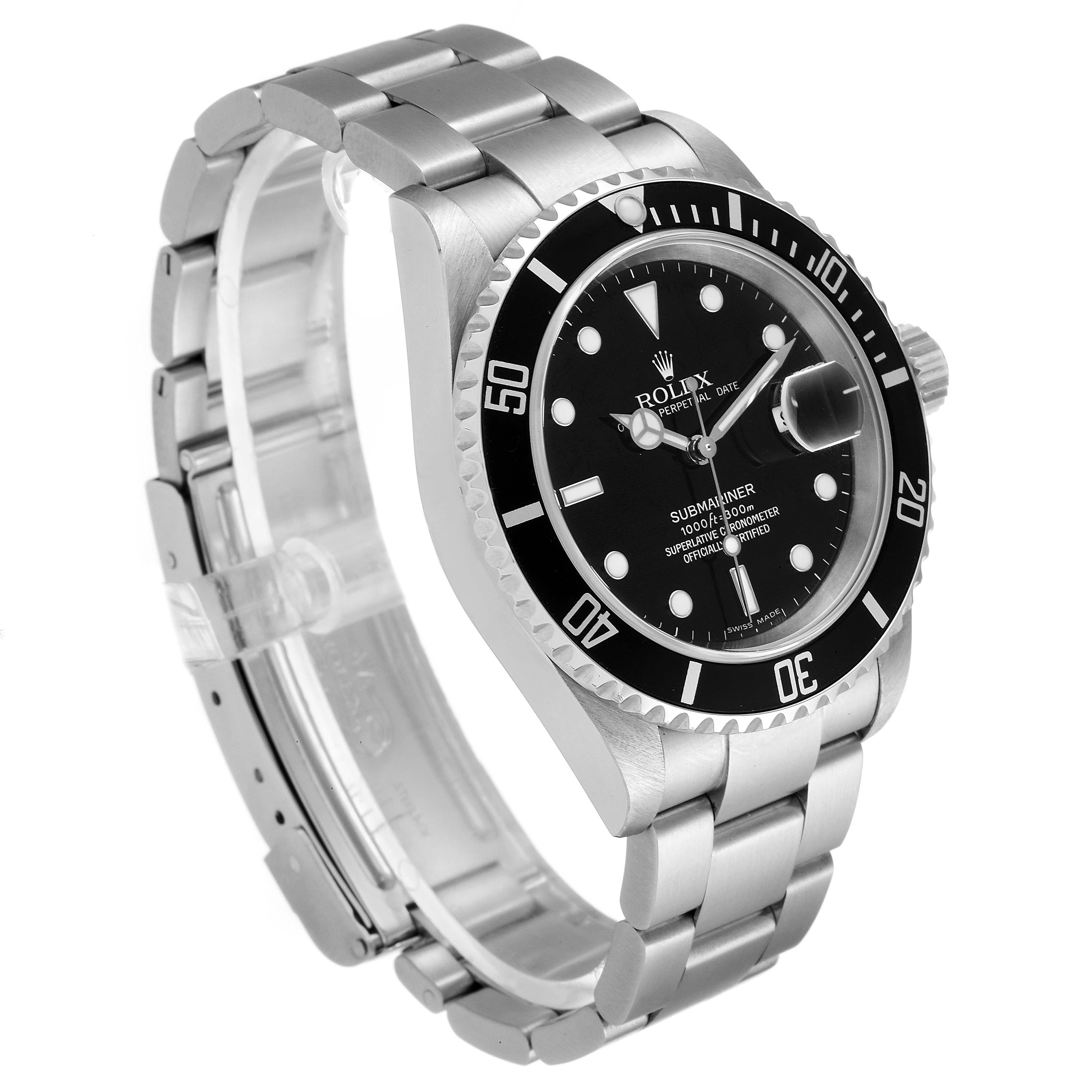 The Rolex Submariner 16610 Men
s Stainless Steel Black Dial 16610 Men
s Stainless Steel Black Dial watch is shown at a three-quarter angle, highlighting the bezel, dial, and metal bracelet.