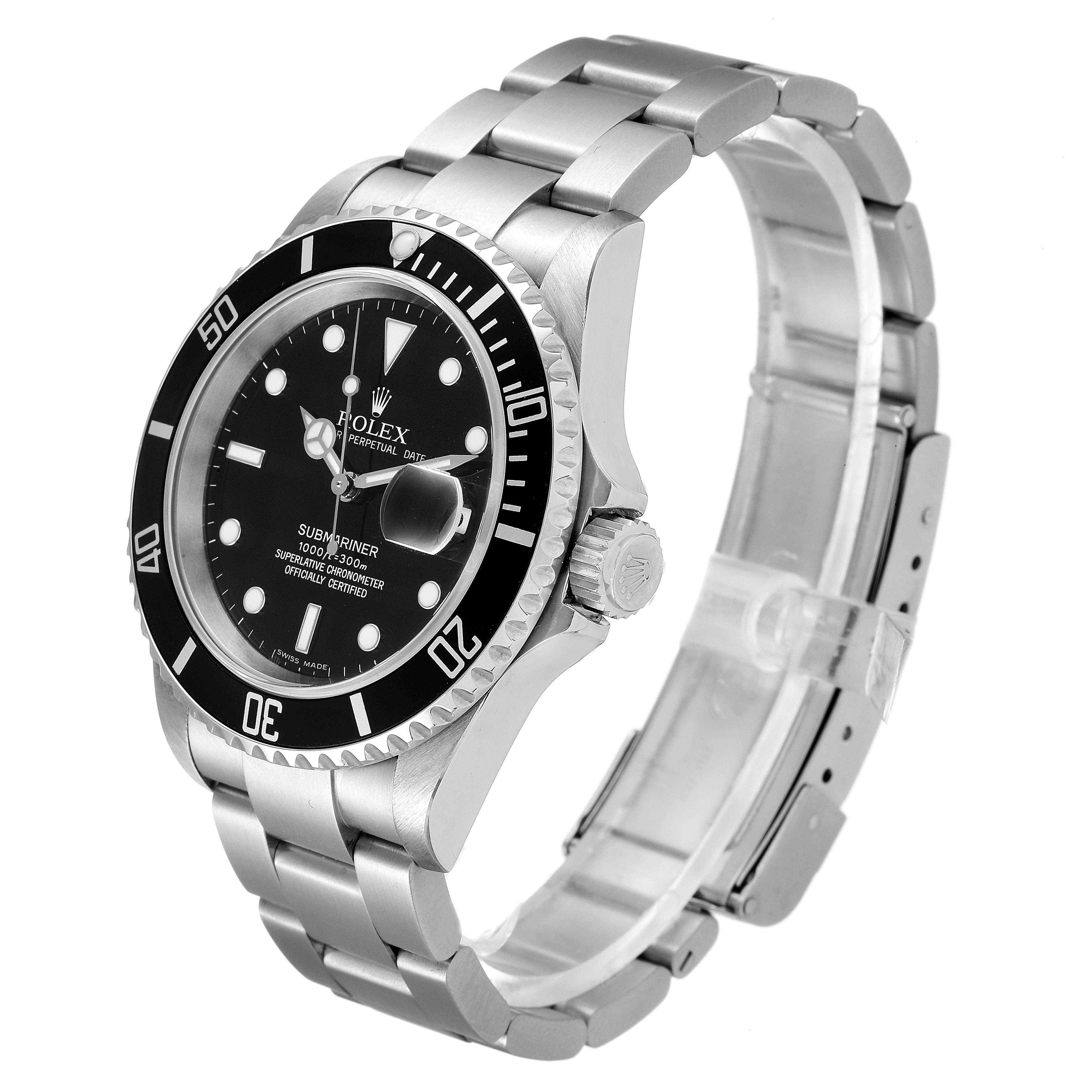 This image shows a Rolex Submariner 16610 Men
s Stainless Steel Black Dial 16610 Men
s Stainless Steel Black Dial watch at a three-quarter angle, displaying its face, bezel, crown, and bracelet.