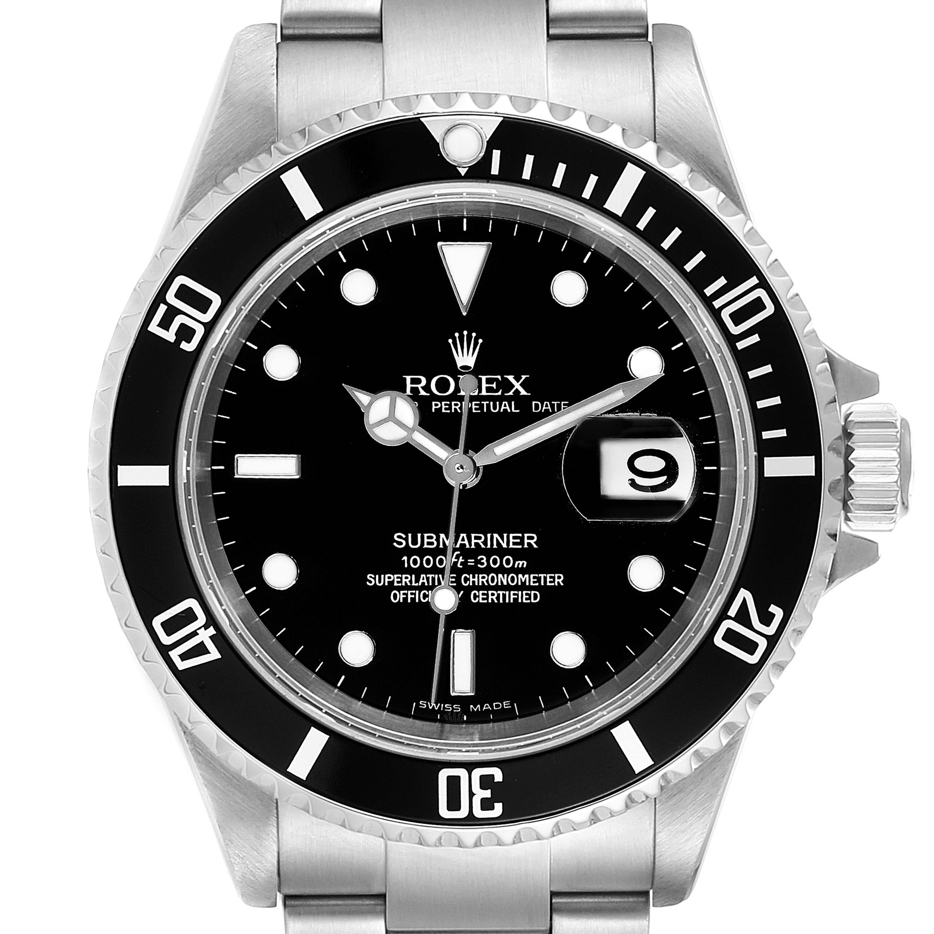 The image shows a front view of a Rolex Submariner 16610 Men
s Stainless Steel Black Dial 16610 Men
s Stainless Steel Black Dial watch, displaying the dial, bezel, crown, and part of the stainless steel bracelet.