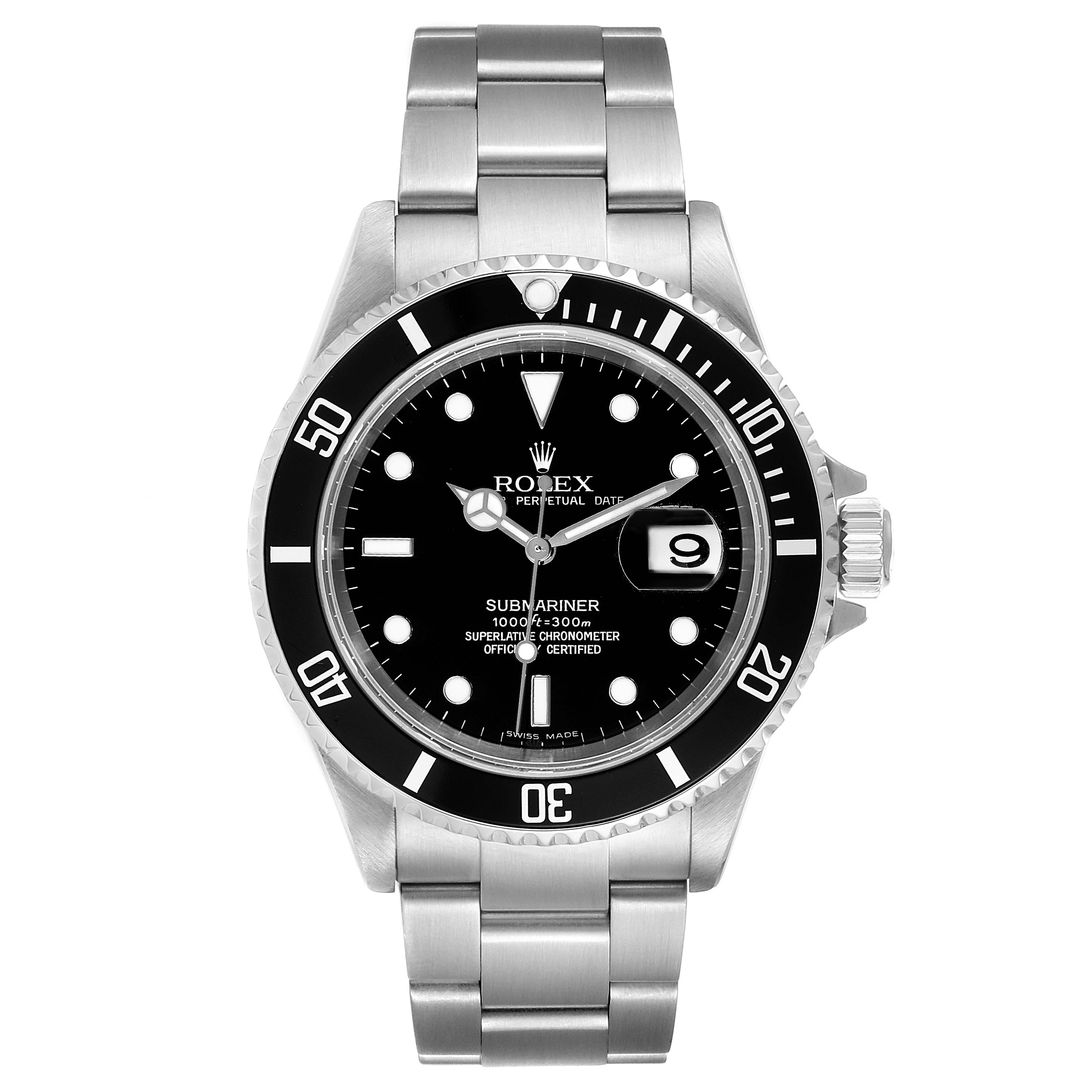 The image shows a front-facing view of the Rolex Submariner 16610 Men
s Stainless Steel Black Dial 16610 Men
s Stainless Steel Black Dial watch, displaying the dial, bezel, and bracelet.