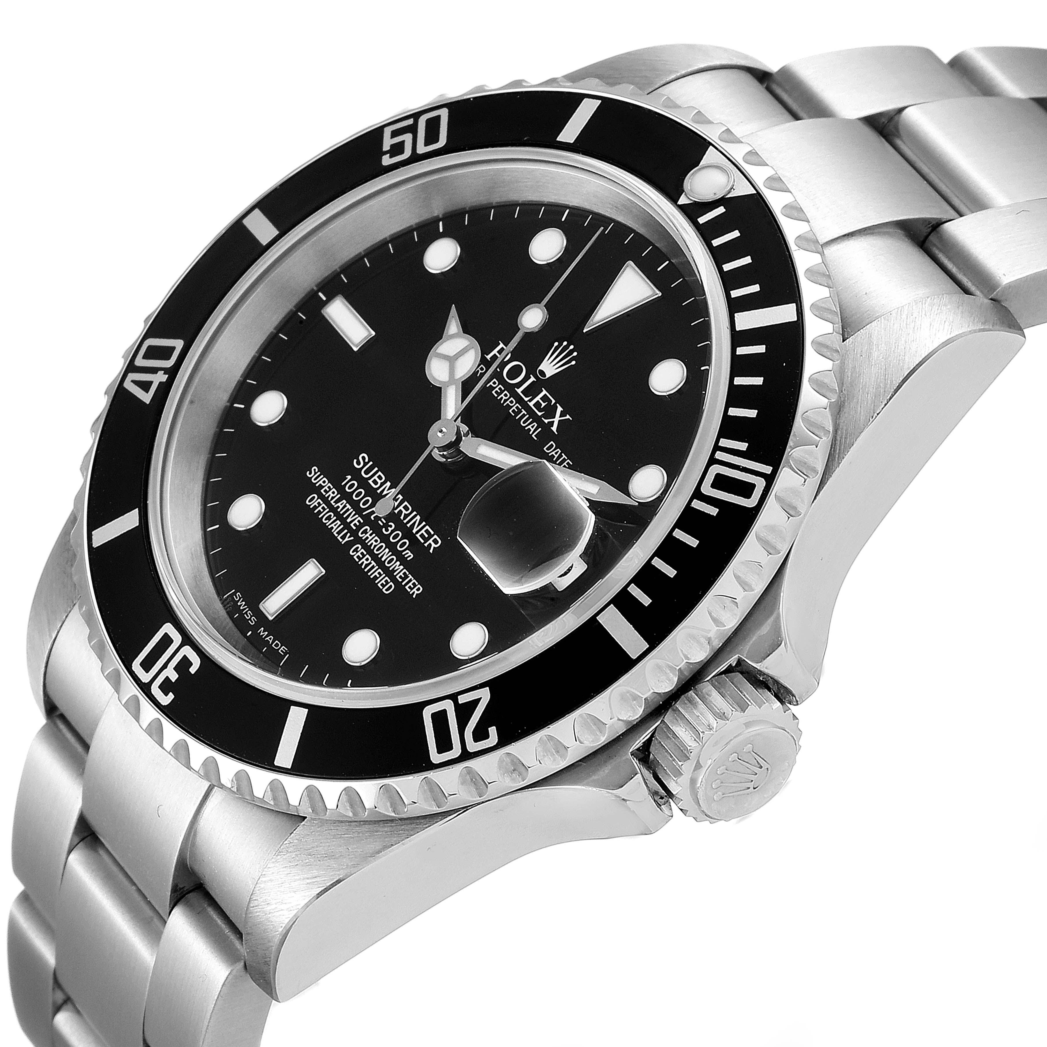 The image shows a Rolex Submariner 16610 Men
s Stainless Steel Black Dial 16610 Men
s Stainless Steel Black Dial watch at a slight side angle, displaying the bezel, dial, crown, and portion of the bracelet.