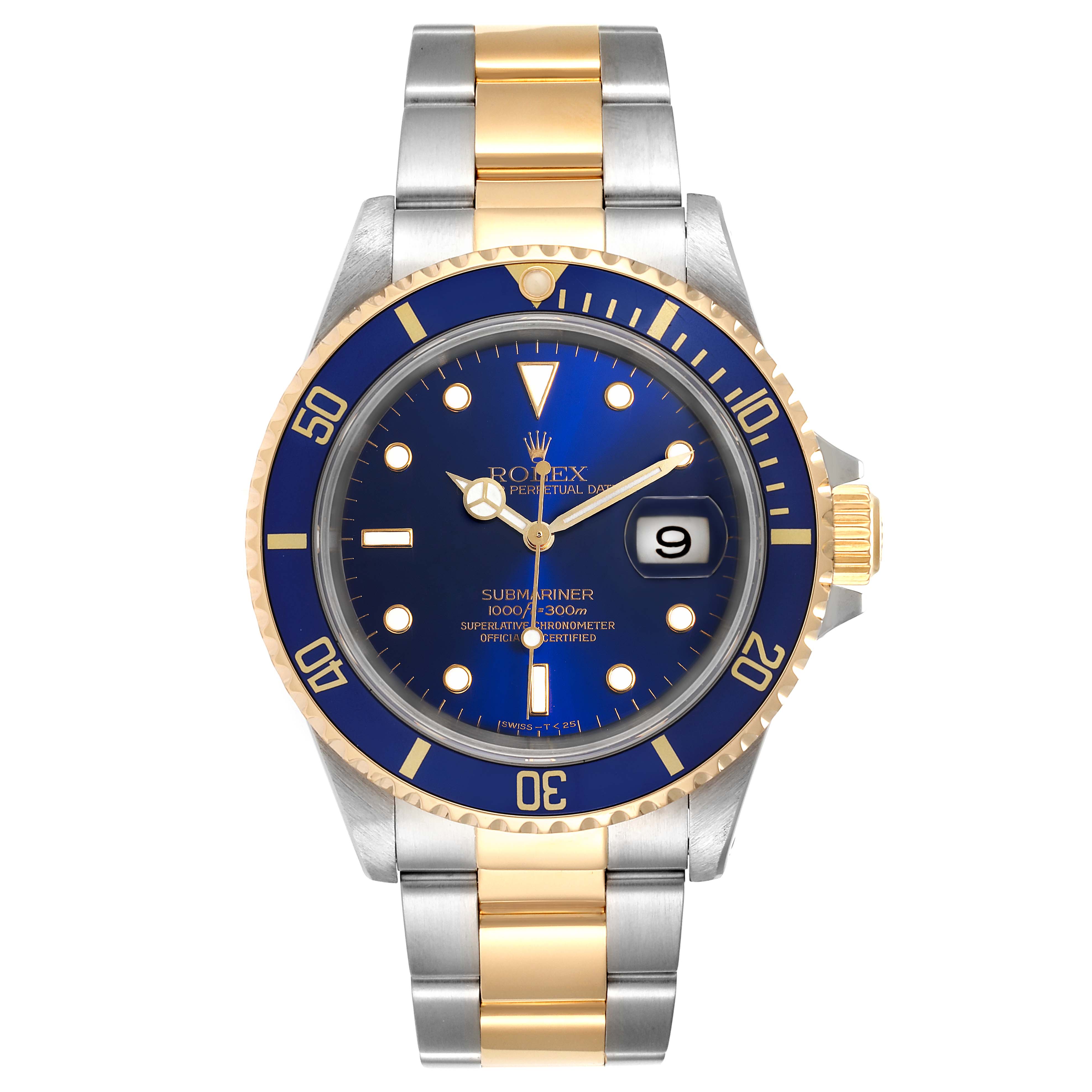 The image shows a front view of a Rolex Submariner 16613 Men
s Steel and Gold (two tone) Blue Dial 16613 Men
s Steel and Gold (two tone) Blue Dial watch, highlighting its blue dial, gold bezel, and two-tone bracelet.