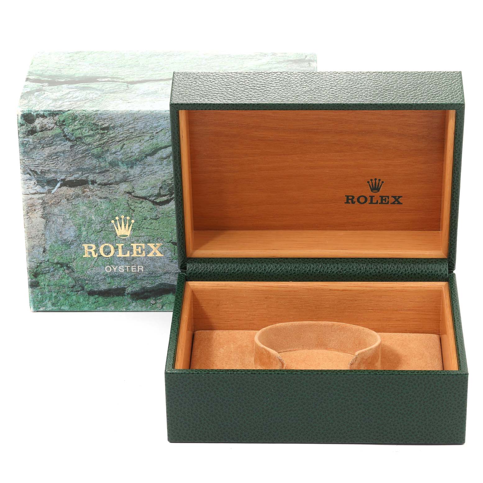The image shows an open Rolex Submariner 16613 Men
s Steel and Gold (two tone) Blue Dial 16613 Men
s Steel and Gold (two tone) Blue Dial watch box with its green outer packaging and wooden interior.