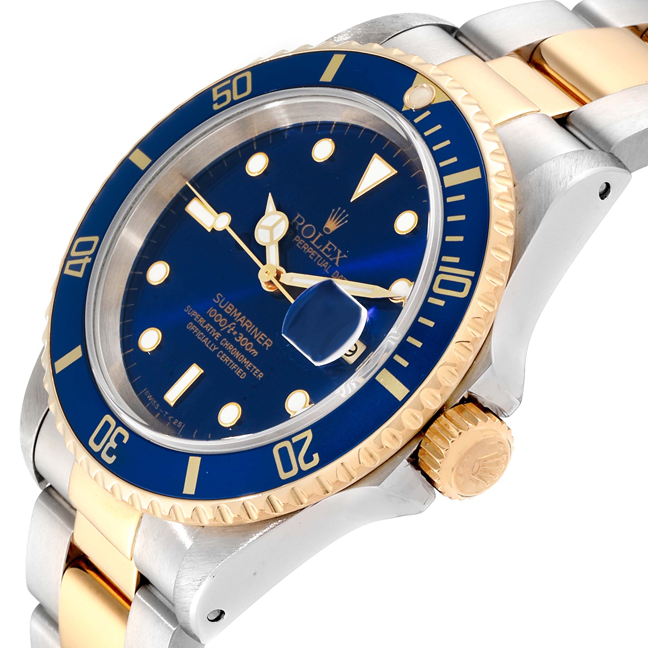 The image shows a Rolex Submariner 16613 Men
s Steel and Gold (two tone) Blue Dial 16613 Men
s Steel and Gold (two tone) Blue Dial watch at an angled side view, highlighting its blue dial, gold bezel, and two-tone bracelet.