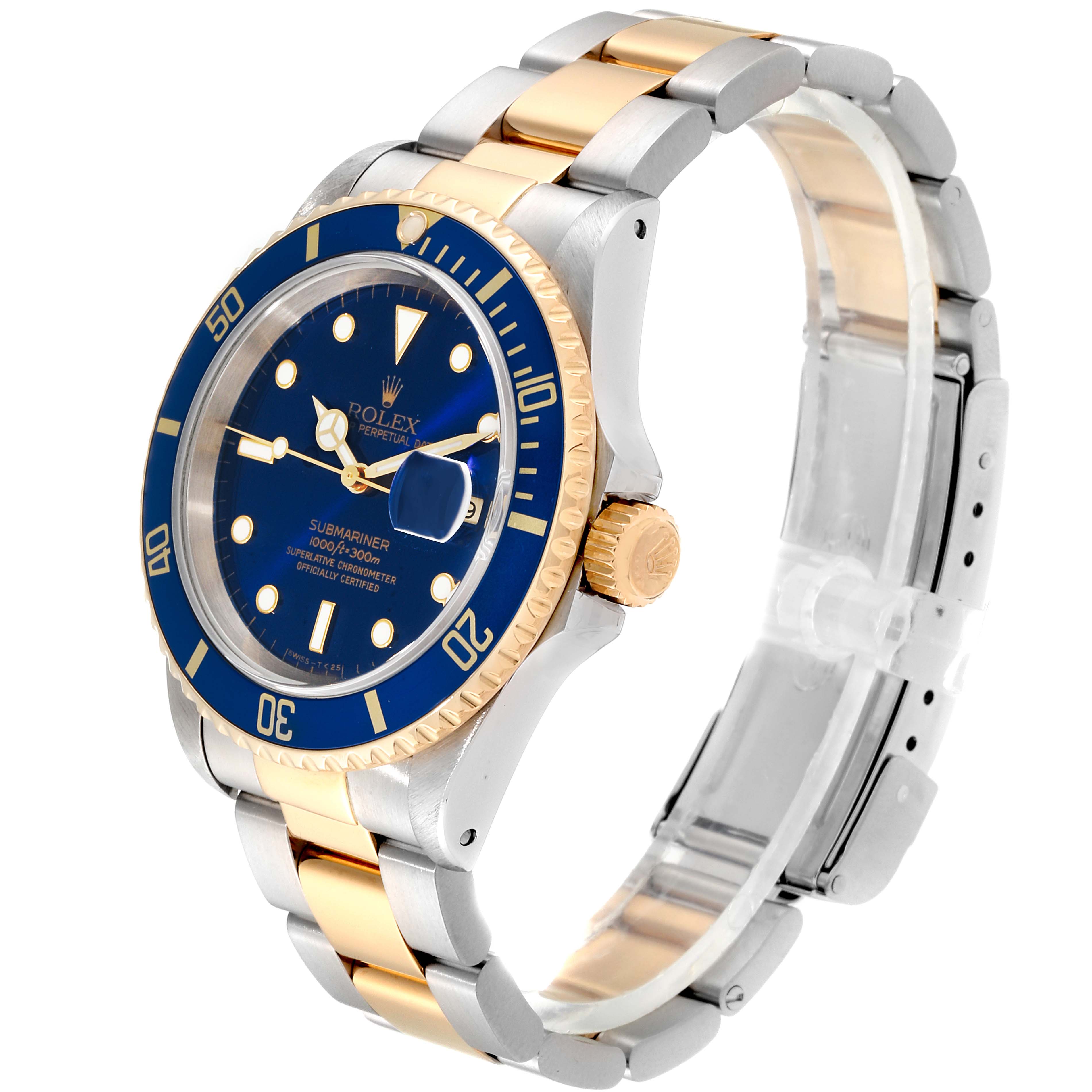 The Rolex Submariner 16613 Men
s Steel and Gold (two tone) Blue Dial 16613 Men
s Steel and Gold (two tone) Blue Dial watch is shown at a three-quarter angle, displaying its bracelet, case, bezel, and dial.