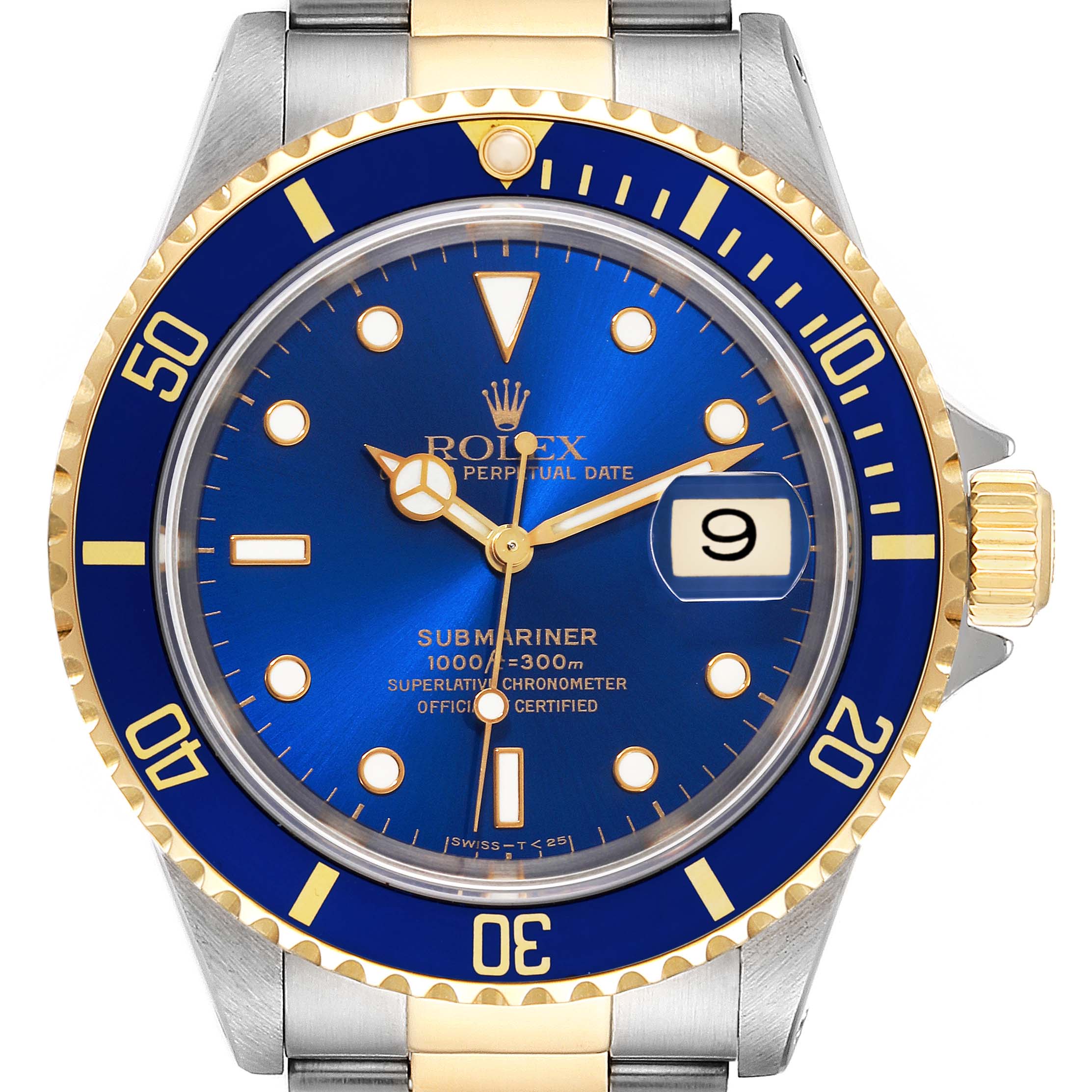 This Rolex Submariner 16613 Men's Steel and Gold (two tone) Blue Dial 16613 Men's Steel and Gold (two tone) Blue Dial watch is shown from the front, featuring the dial, bezel, and part of the bracelet.