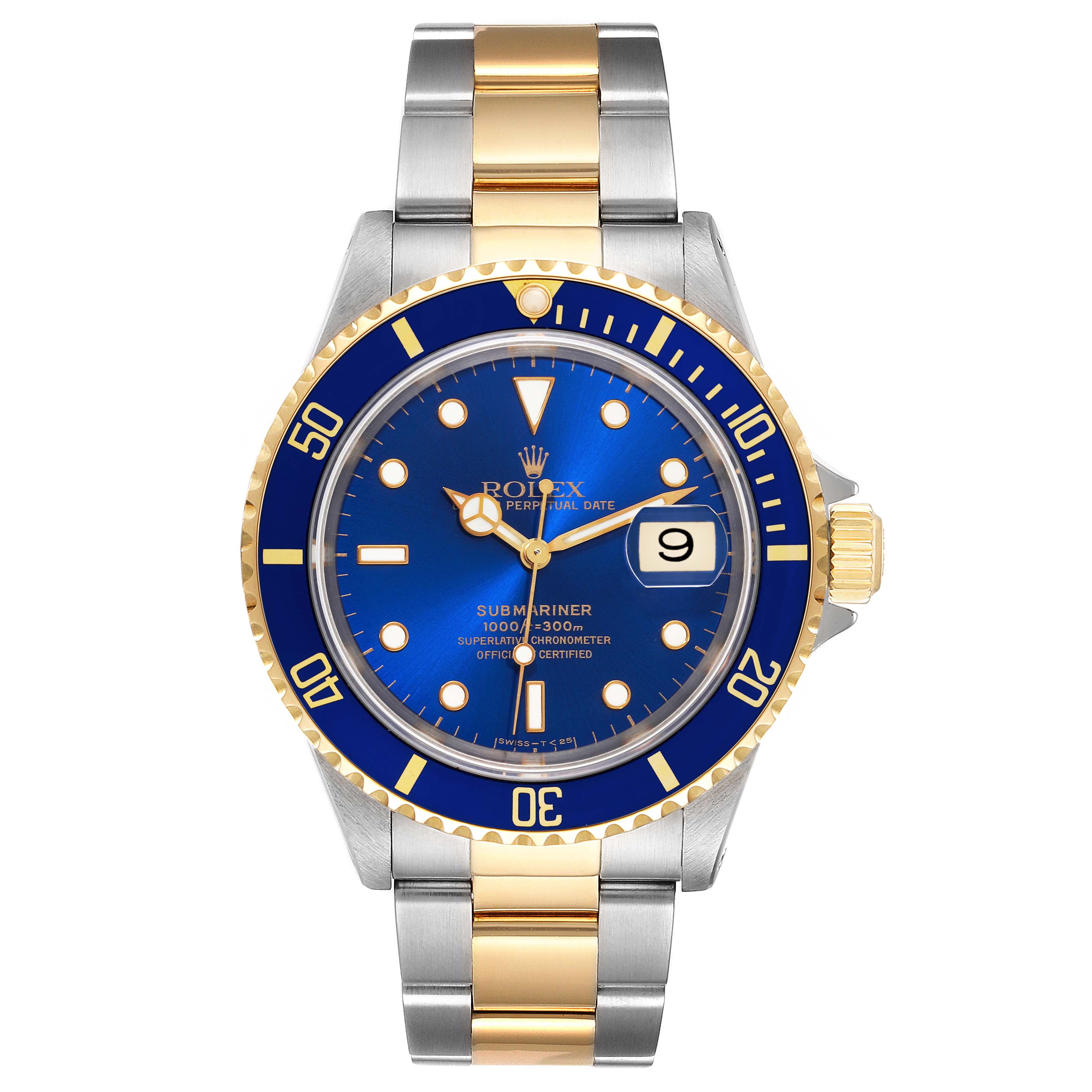 The image shows a front view of a Rolex Submariner 16613 Men's Steel and Gold (two tone) Blue Dial 16613 Men's Steel and Gold (two tone) Blue Dial watch with a blue dial and two-tone metal bracelet.