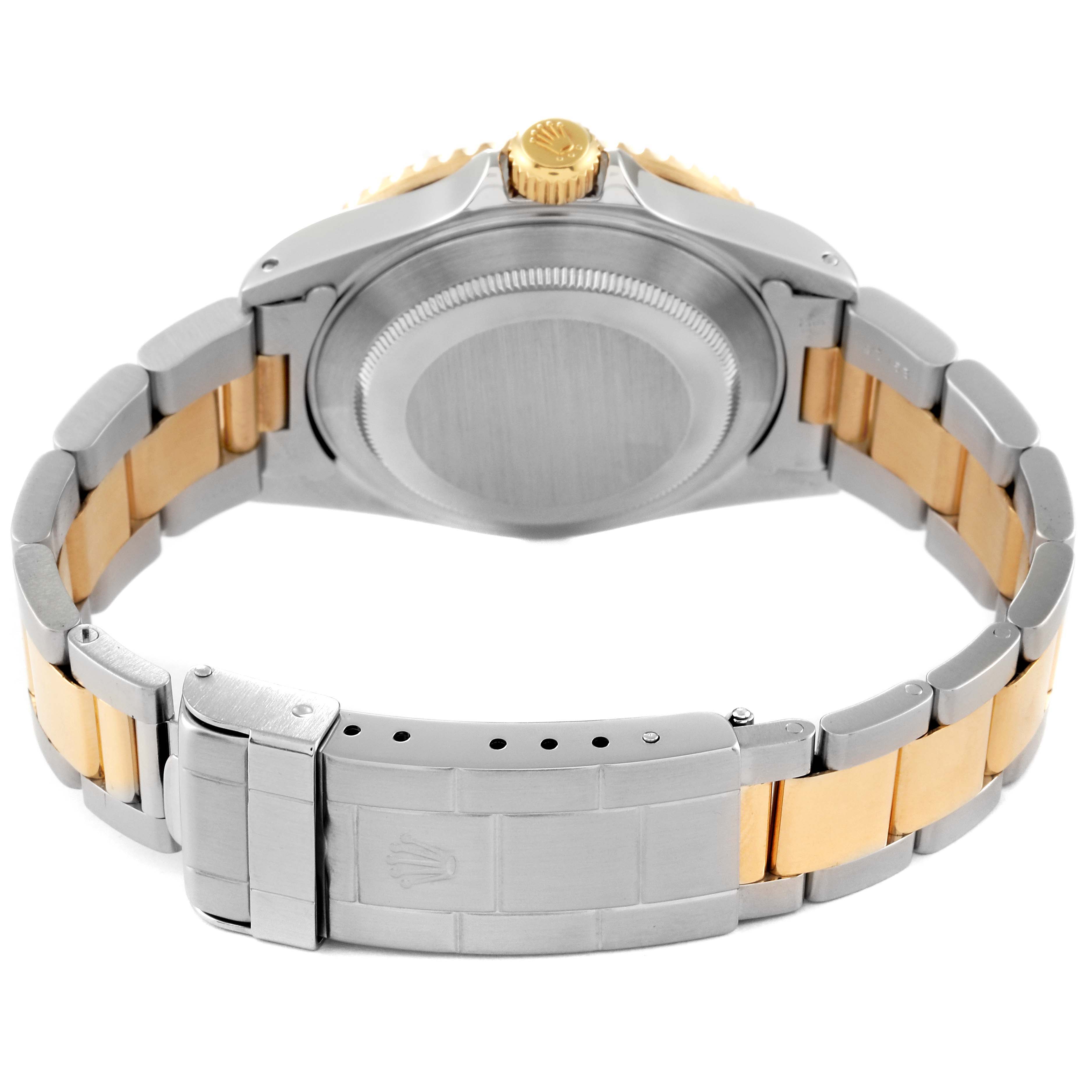 This image shows the back side, clasp, and bracelet of a Rolex Submariner 16613 Men's Steel and Gold (two tone) Blue Dial 16613 Men's Steel and Gold (two tone) Blue Dial watch.