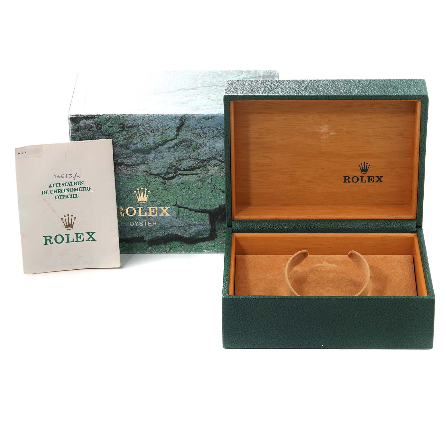 The image shows the packaging components for a Rolex Submariner 16613 Men's Steel and Gold (two tone) Blue Dial 16613 Men's Steel and Gold (two tone) Blue Dial, including the outer box, inner box, and certification booklet.