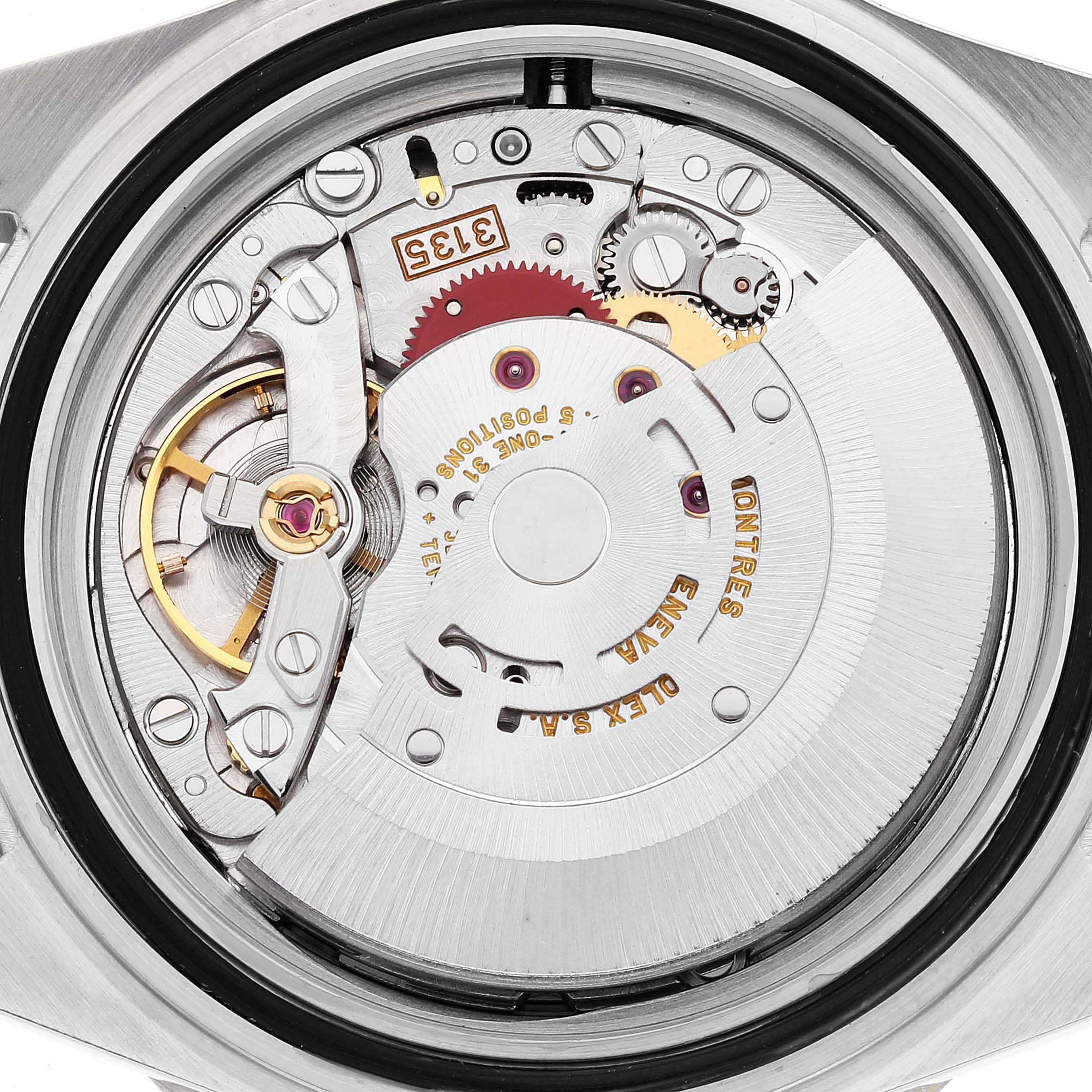 This image shows the internal mechanical movement of a Rolex Submariner 16613 Men's Steel and Gold (two tone) Blue Dial 16613 Men's Steel and Gold (two tone) Blue Dial, viewed from the back.