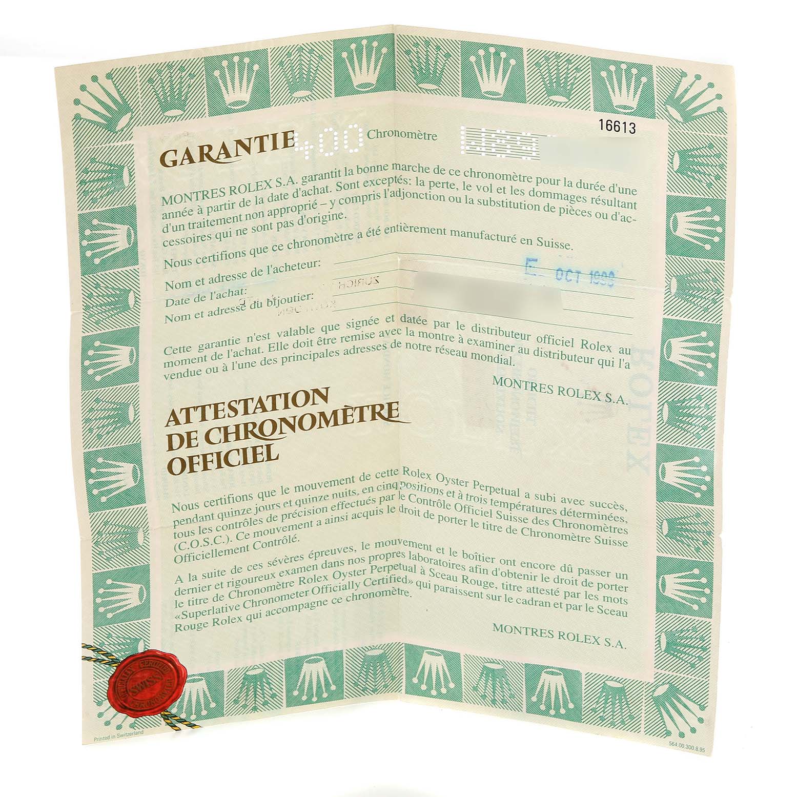 The image shows the warranty card and certification for the Rolex Submariner 16613 Men's Steel and Gold (two tone) Blue Dial 16613 Men's Steel and Gold (two tone) Blue Dial watch, detailing its official chronometer status.