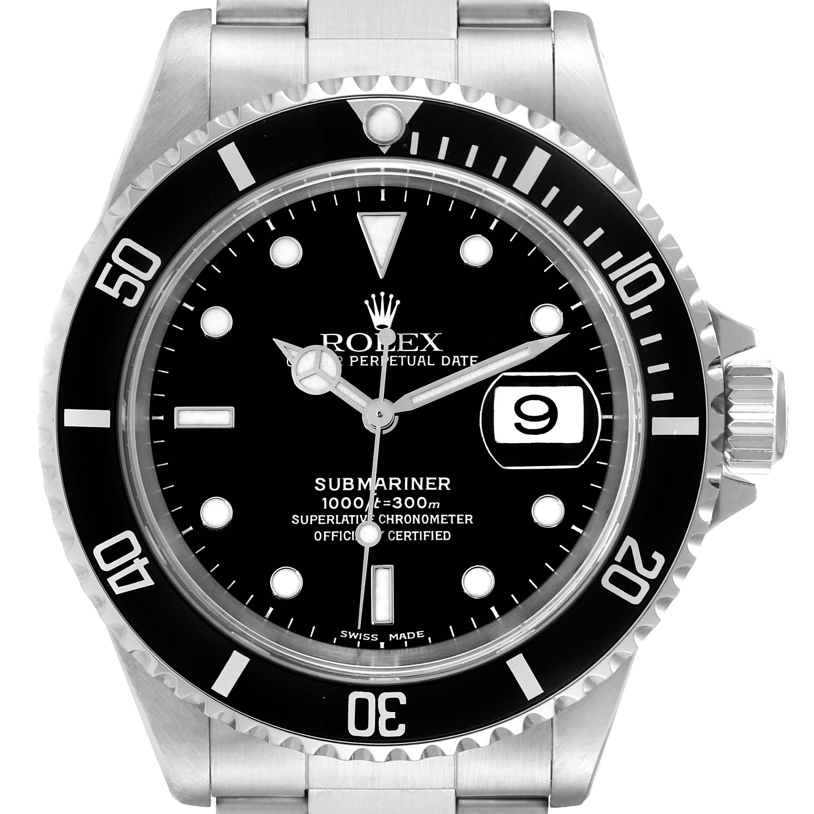 This image shows a front view of a Rolex Submariner 16610 Men
s Stainless Steel Black Dial 16610 Men
s Stainless Steel Black Dial watch, highlighting its bezel, dial, hands, and date window.