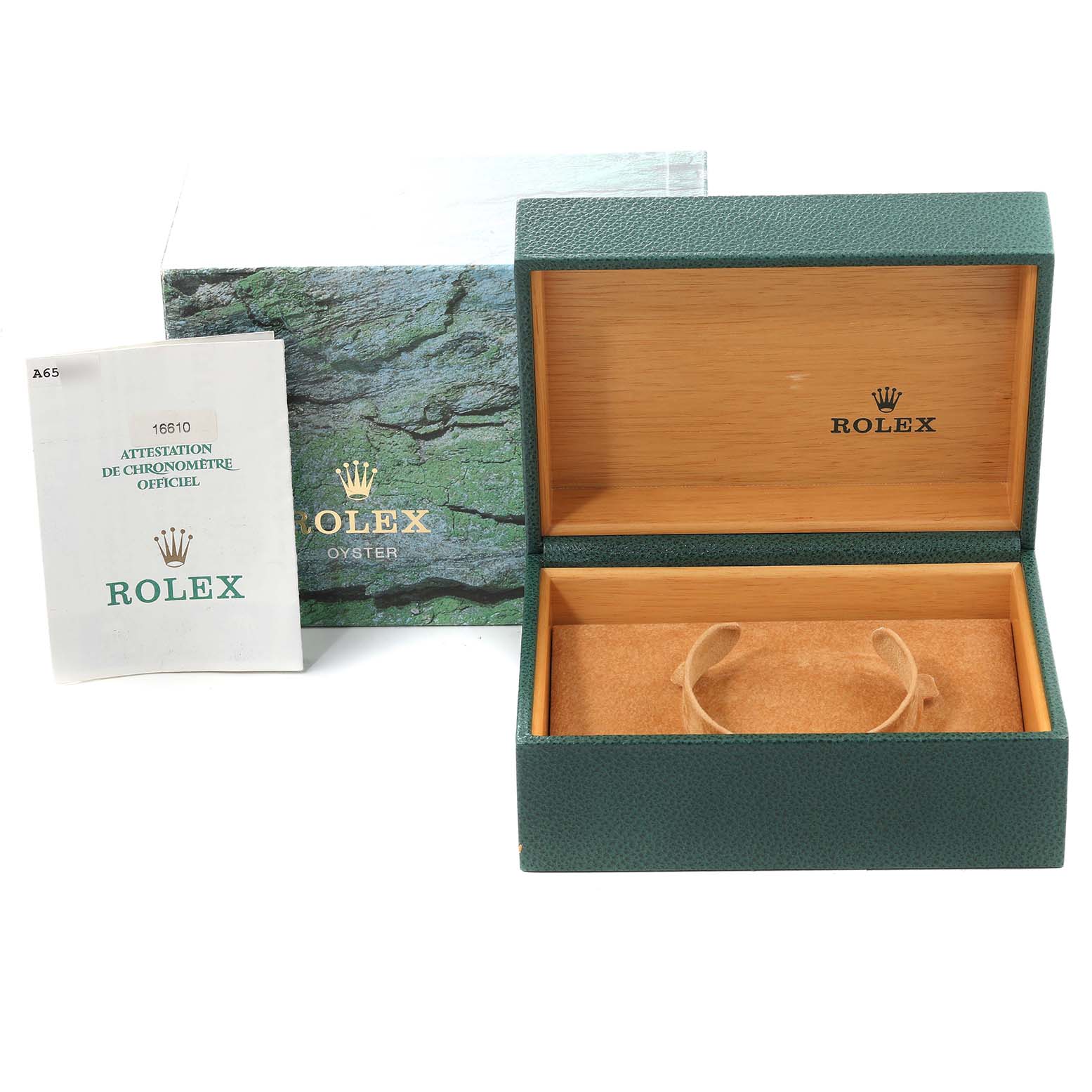The image shows the box and papers for a Rolex Submariner 16610 Men
s Stainless Steel Black Dial 16610 Men
s Stainless Steel Black Dial, including the green case, the official booklet, and the outer packaging.