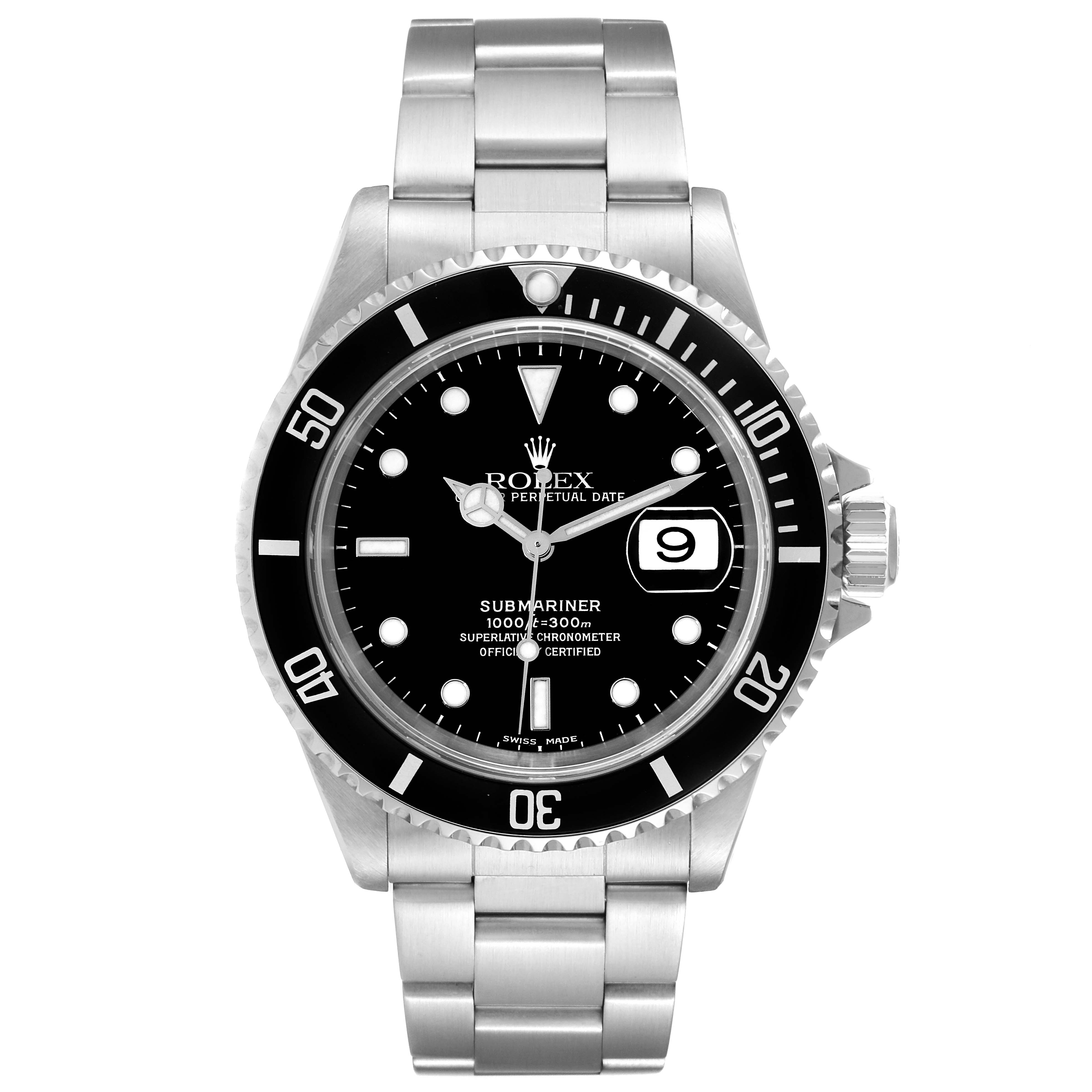 The image shows a front view of the Rolex Submariner 16610 Men
s Stainless Steel Black Dial 16610 Men
s Stainless Steel Black Dial watch, displaying the face, bezel, and stainless steel bracelet.