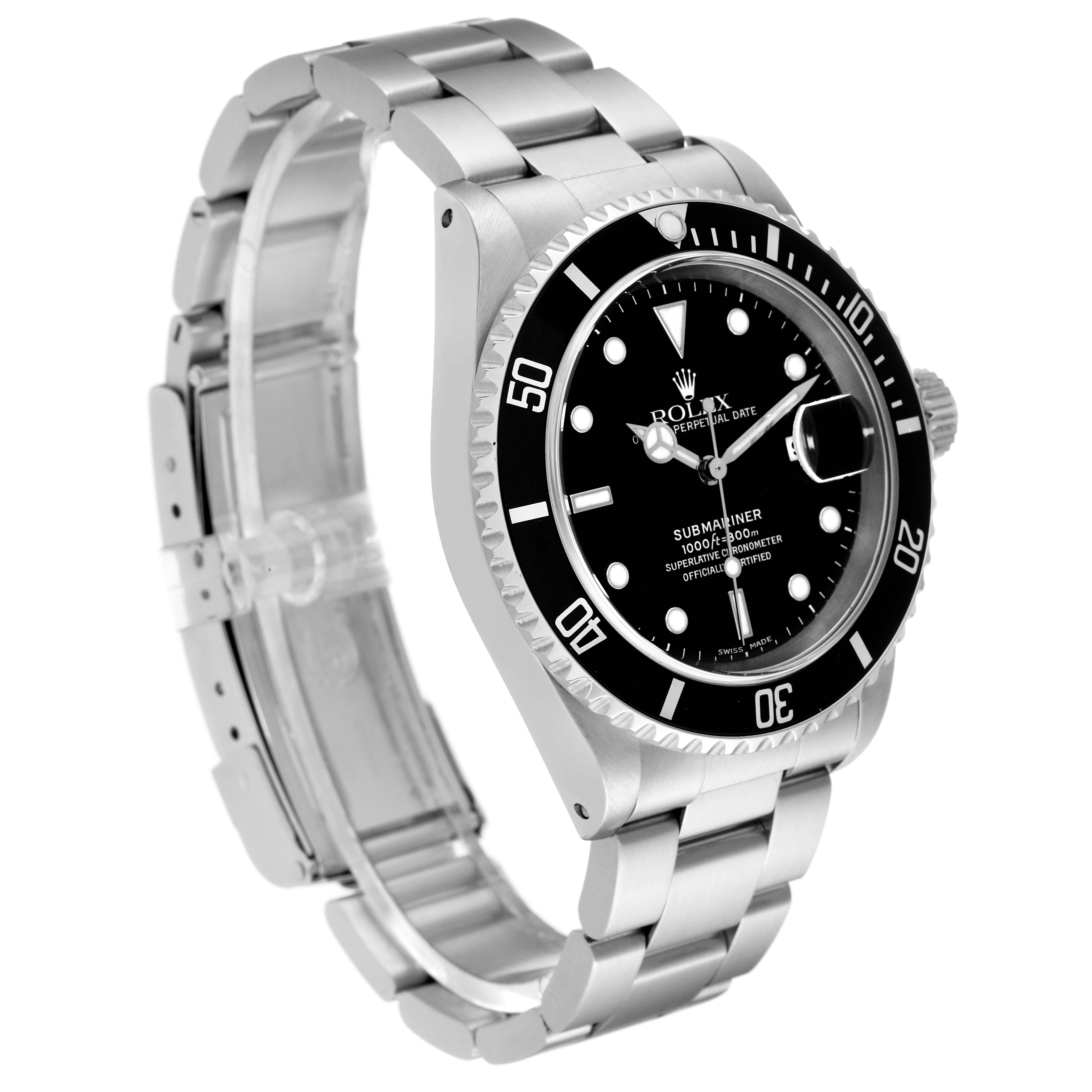 This image shows a Rolex Submariner 16610 Men
s Stainless Steel Black Dial 16610 Men
s Stainless Steel Black Dial watch from a side angle, displaying its face, bezel, case, and bracelet.