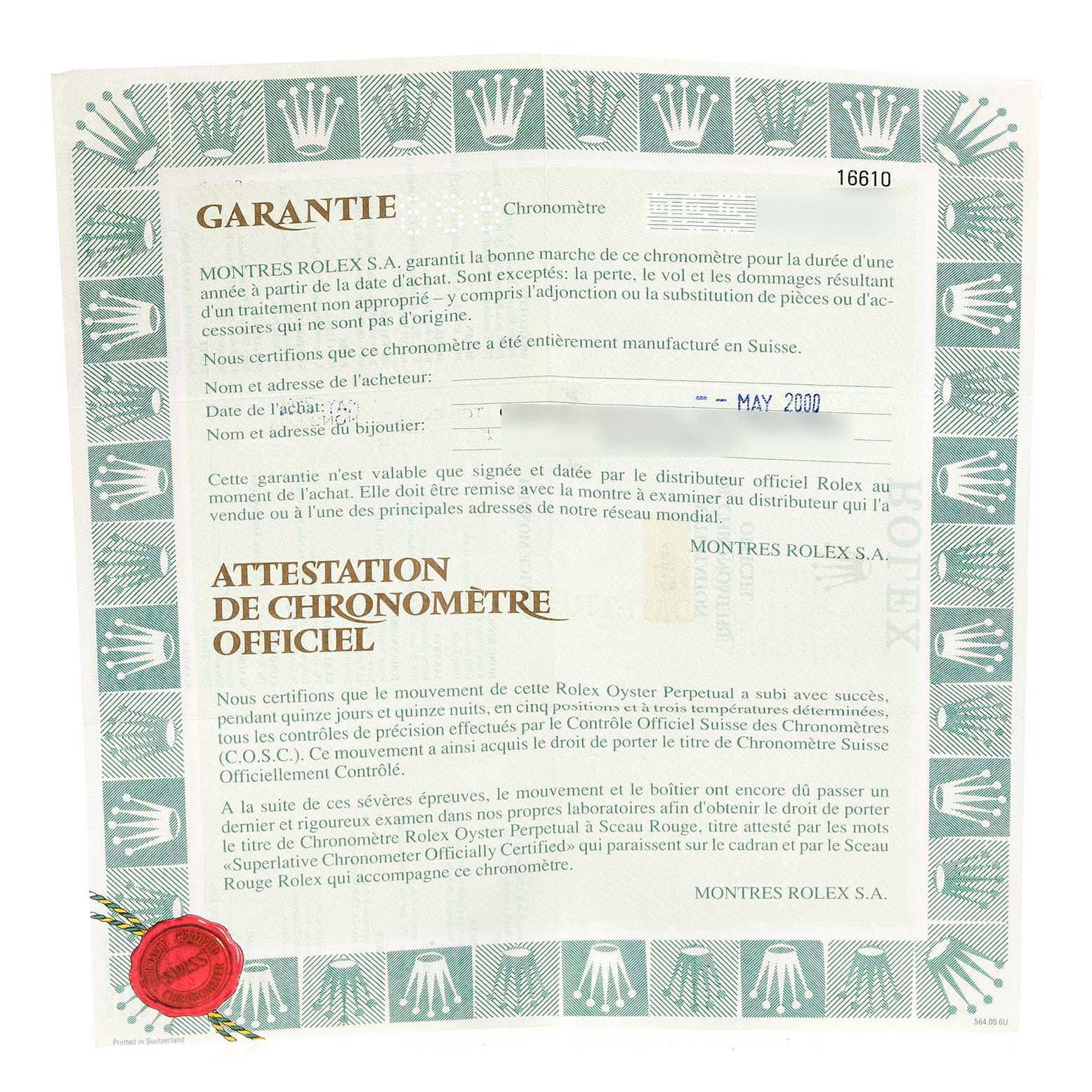 This image shows the warranty and chronometer certification for a Rolex Submariner 16610 Men
s Stainless Steel Black Dial 16610 Men
s Stainless Steel Black Dial watch.