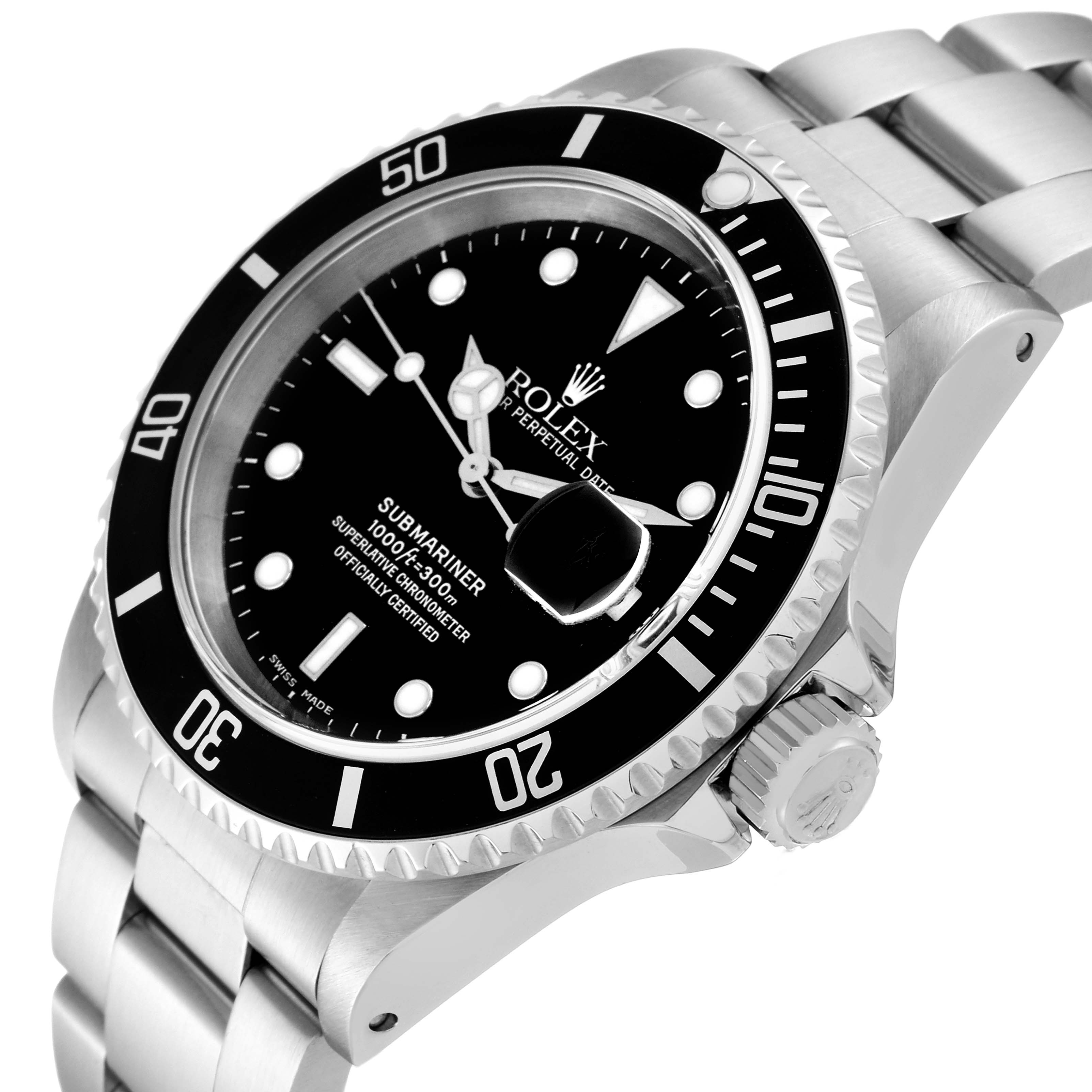 The image shows a Rolex Submariner 16610 Men
s Stainless Steel Black Dial 16610 Men
s Stainless Steel Black Dial watch at an angle highlighting the face, bezel, crown, and part of the stainless steel bracelet.
