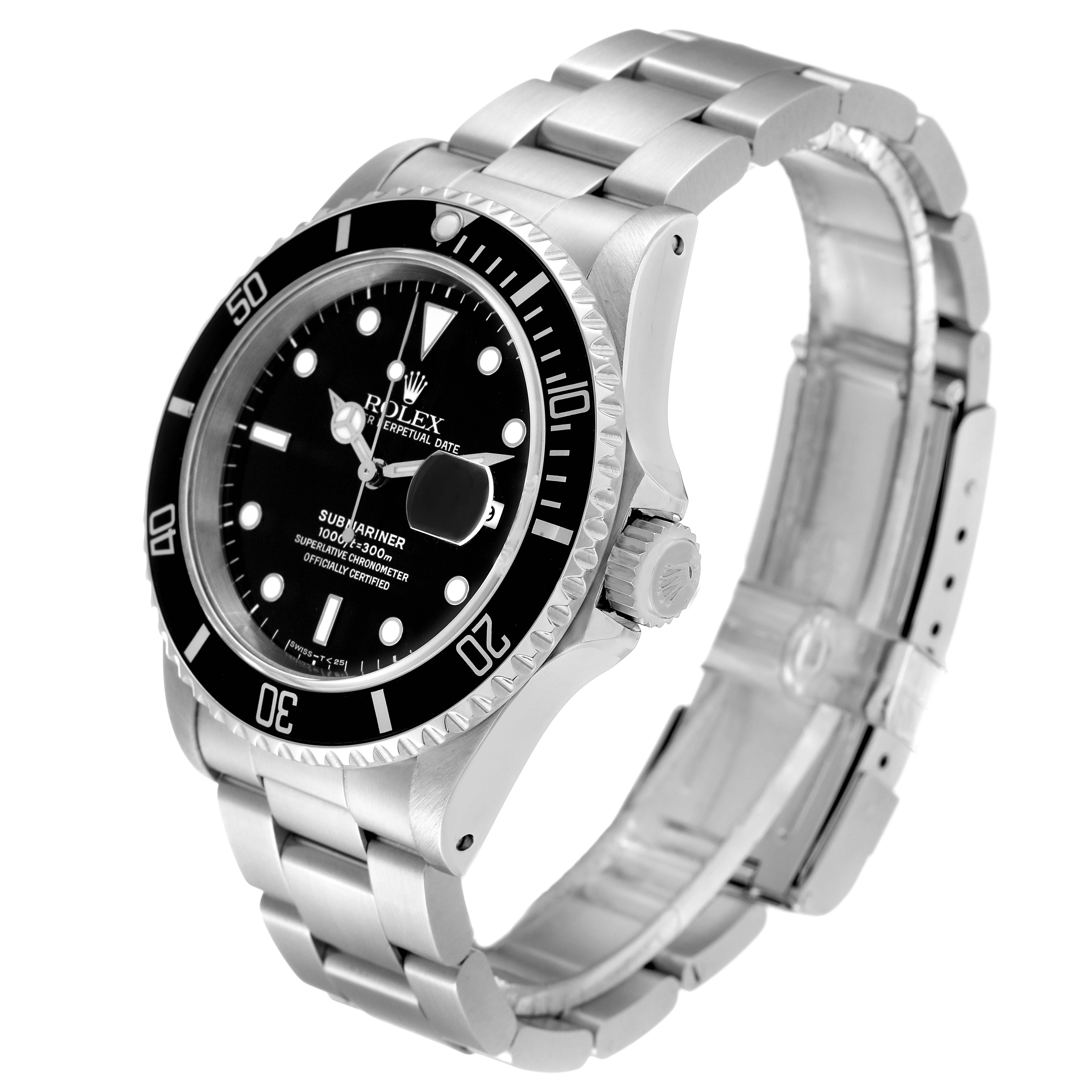 The image shows a Rolex Submariner 16610 Men
s Stainless Steel Black Dial 16610 Men
s Stainless Steel Black Dial watch at an angled view, highlighting the face, bezel, crown, and bracelet.