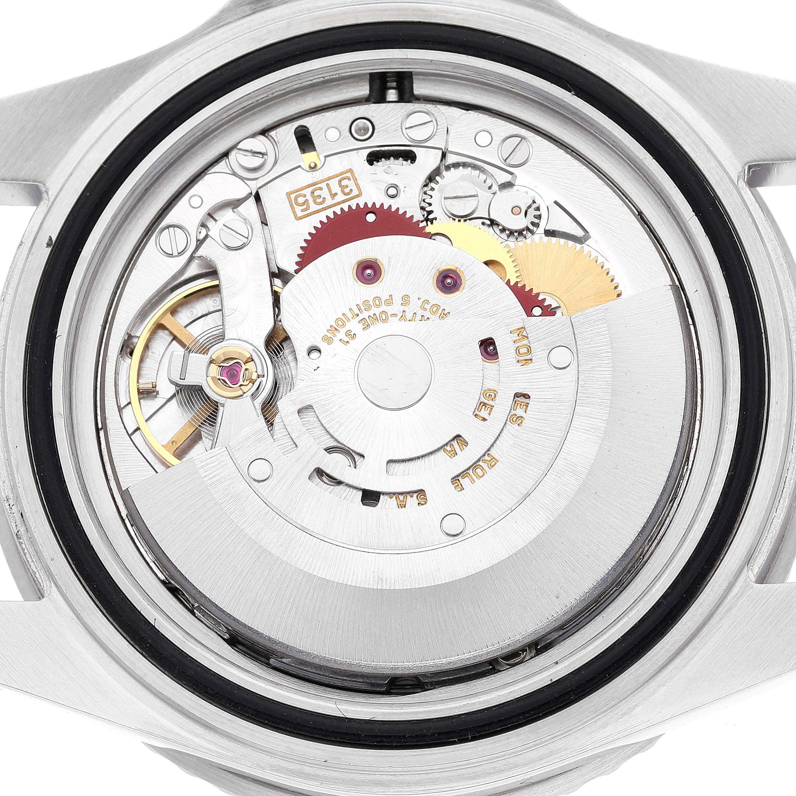 The image shows the internal mechanism and movement components of the Rolex Submariner 16610 Men
s Stainless Steel Black Dial 16610 Men
s Stainless Steel Black Dial watch from a top-down angle.