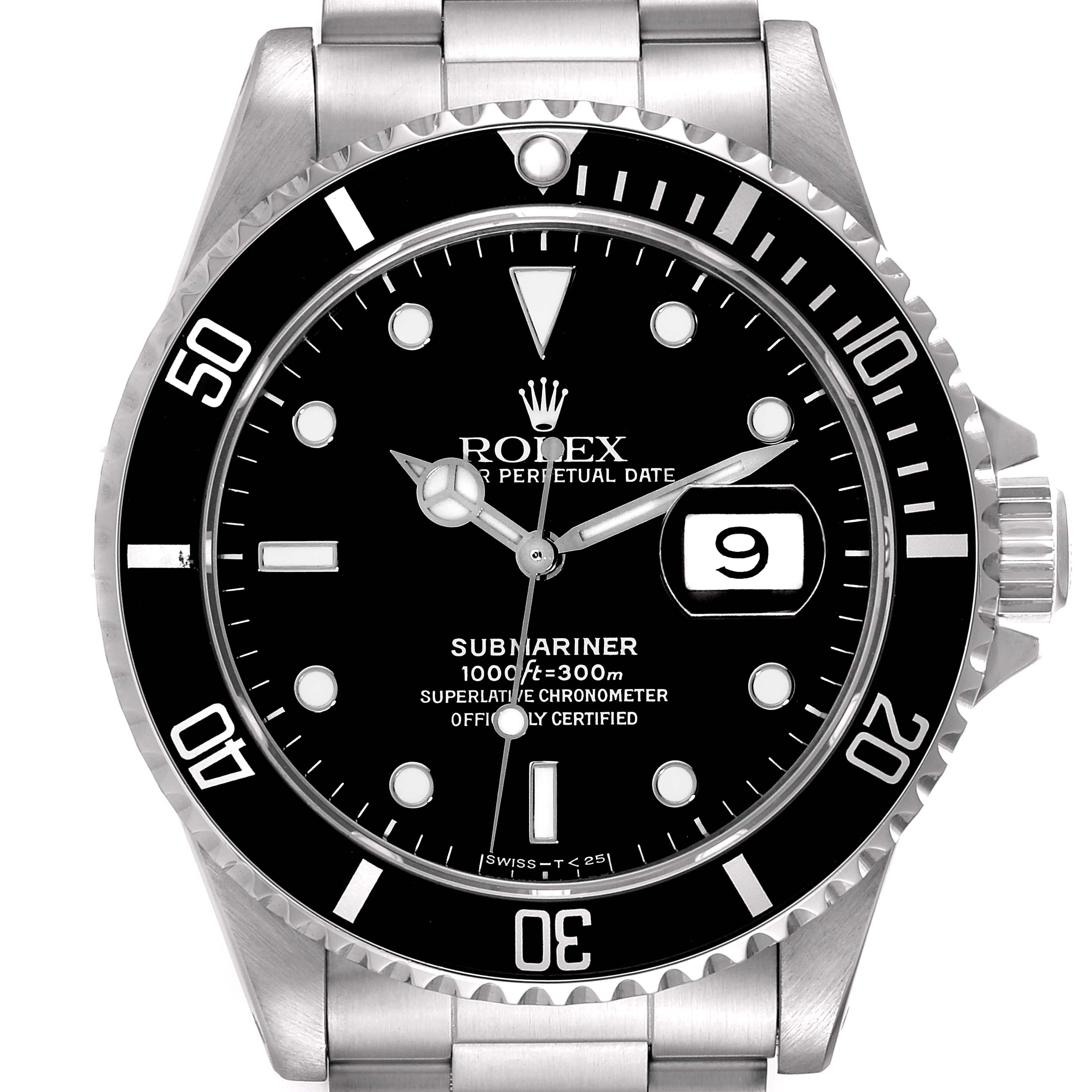 The image shows a front view of a Rolex Submariner 16610 Men
s Stainless Steel Black Dial 16610 Men
s Stainless Steel Black Dial, displaying the dial, bezel, and partial bracelet.