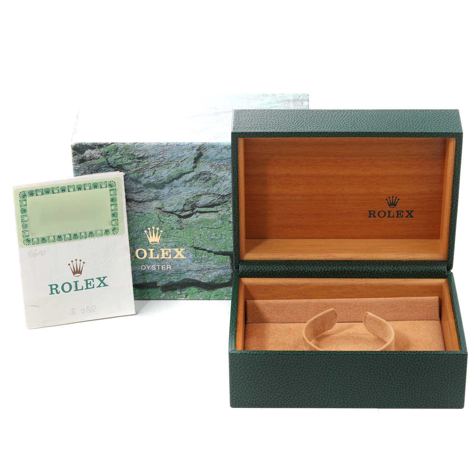 The image shows the packaging and an empty box for a Rolex Submariner 16610 Men
s Stainless Steel Black Dial 16610 Men
s Stainless Steel Black Dial watch, along with its accessories and manual.