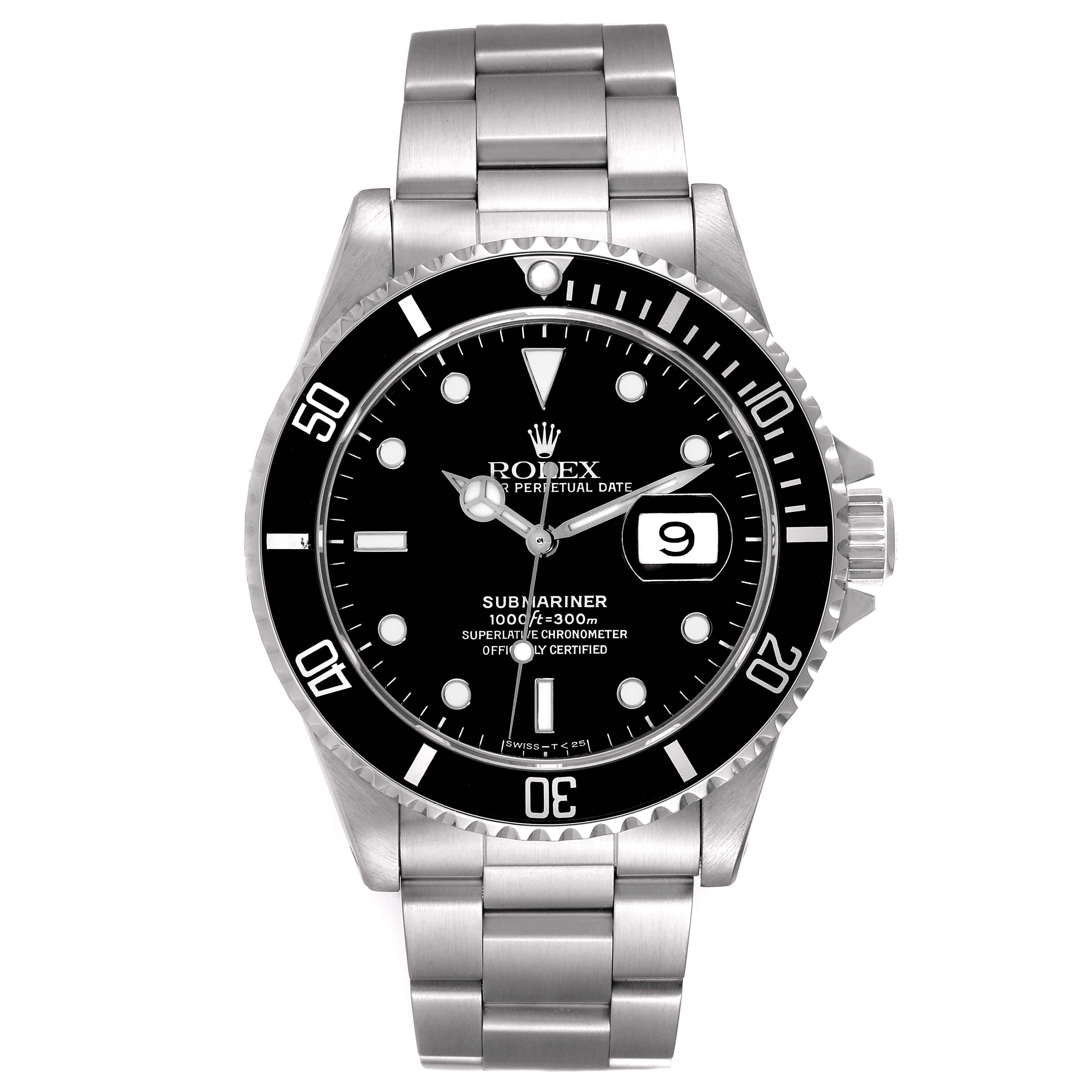 The image shows a front view of a Rolex Submariner 16610 Men
s Stainless Steel Black Dial 16610 Men
s Stainless Steel Black Dial watch, displaying the face, bezel, crown, and the bracelet.