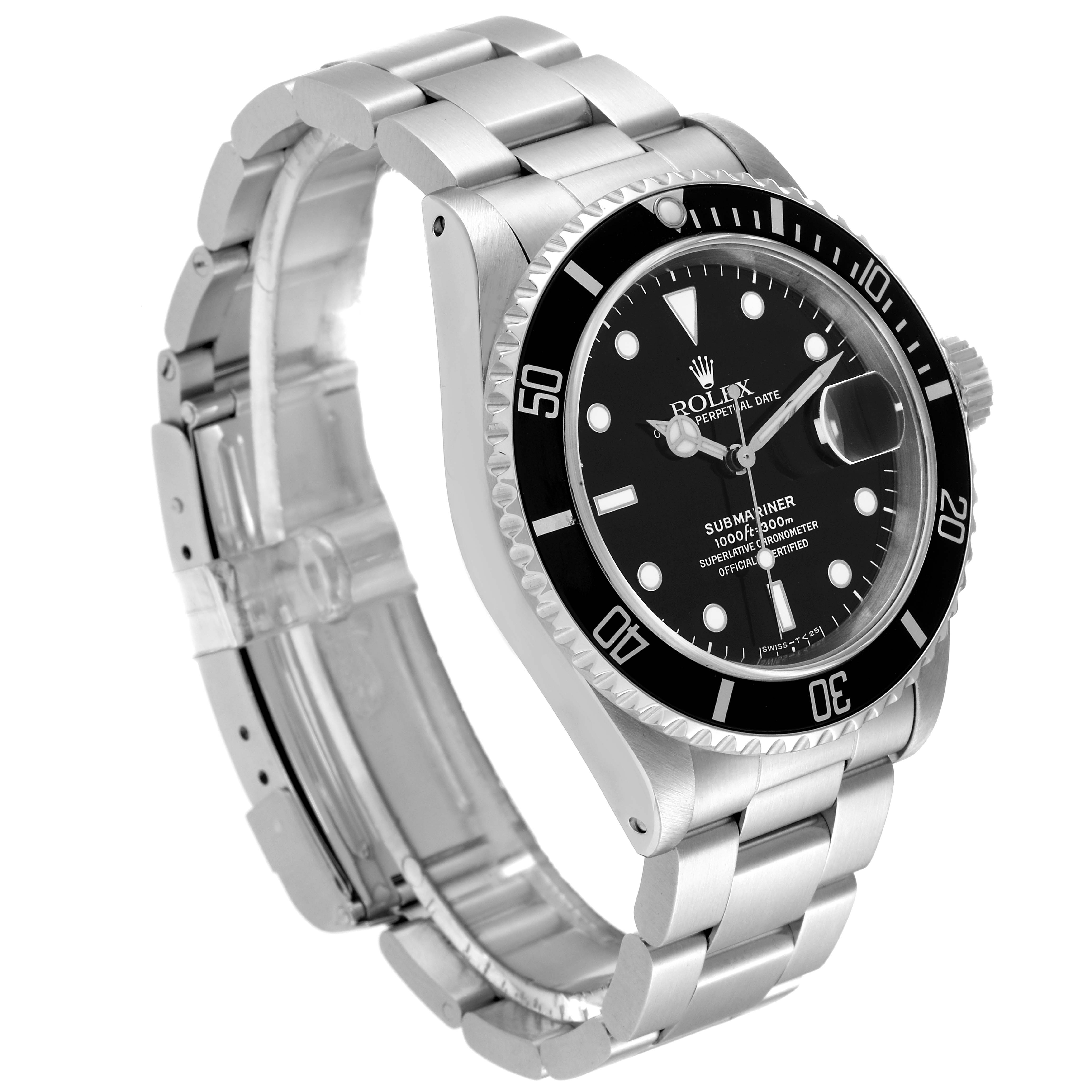 The image features a Rolex Submariner 16610 Men
s Stainless Steel Black Dial 16610 Men
s Stainless Steel Black Dial watch, showcasing its stainless steel bracelet, black dial, and bezel from an angled side view.