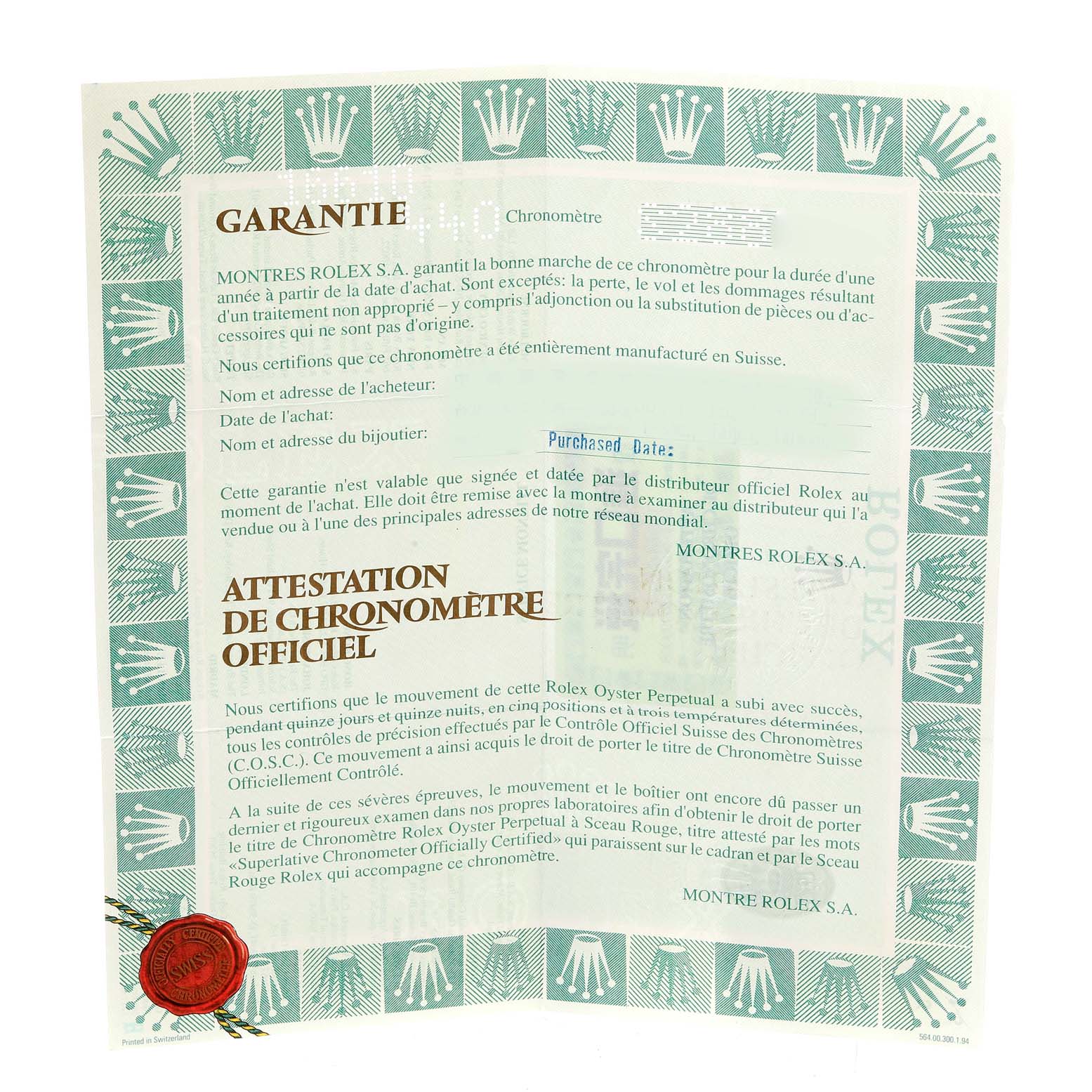 The image displays the warranty and chronometer certification document for the Rolex Submariner 16610 Men
s Stainless Steel Black Dial 16610 Men
s Stainless Steel Black Dial watch.