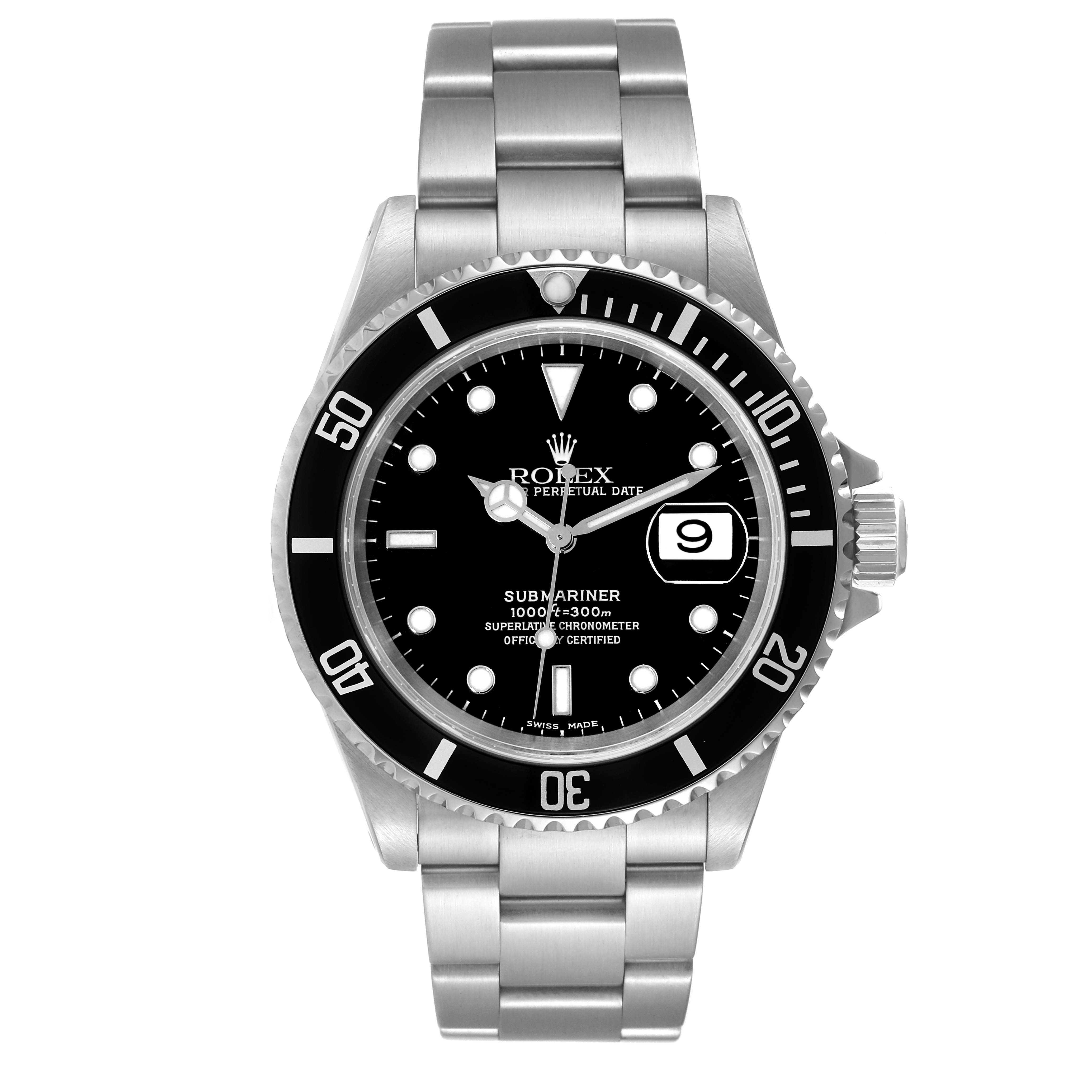The image shows a front view of the Rolex Submariner 16610 Men
s Stainless Steel Black Dial 16610 Men
s Stainless Steel Black Dial watch, highlighting its dial, bezel, hands, and bracelet.