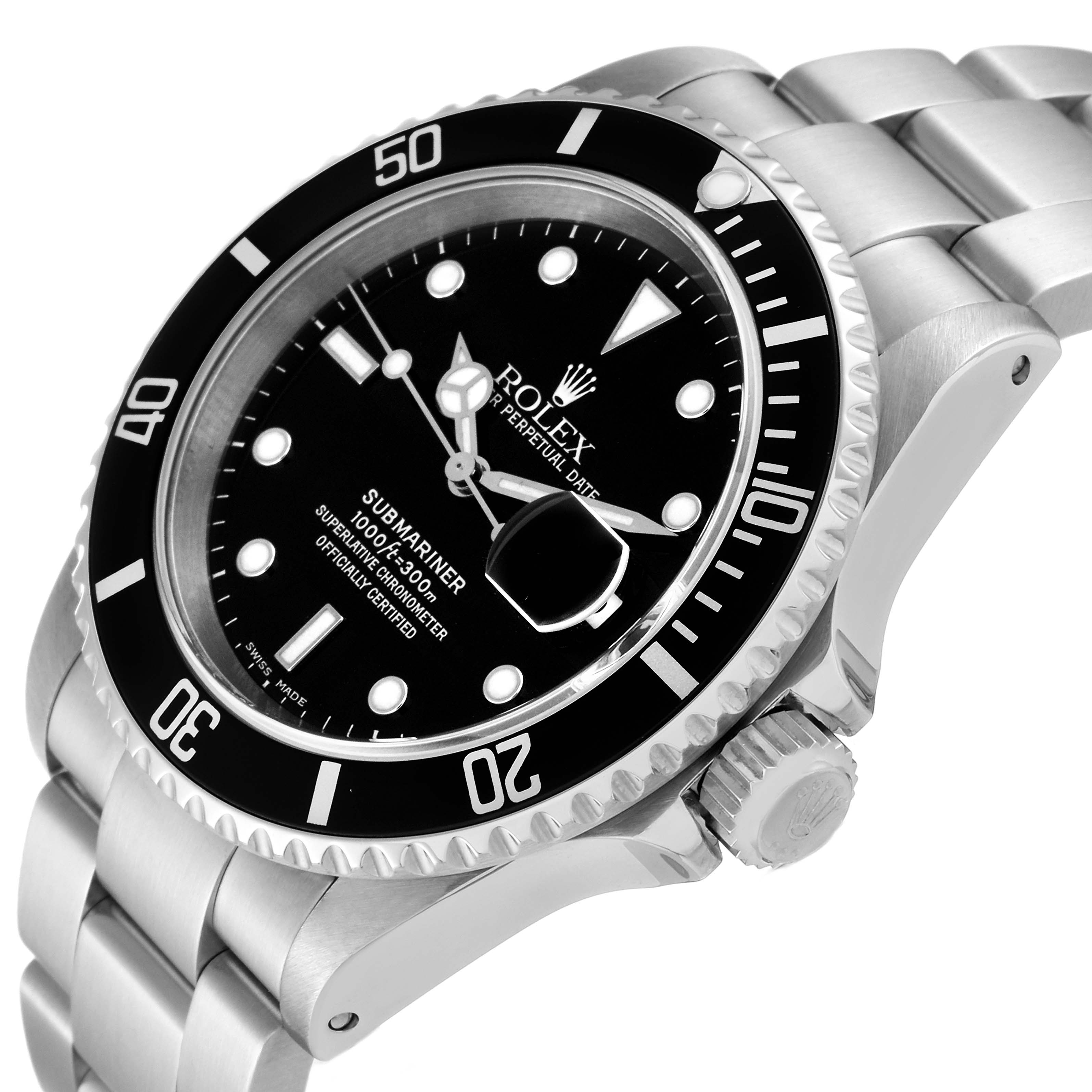 The image displays a side and partial front angle of the Rolex Submariner 16610 Men
s Stainless Steel Black Dial 16610 Men
s Stainless Steel Black Dial watch, highlighting the dial, bezel, crown, and bracelet.