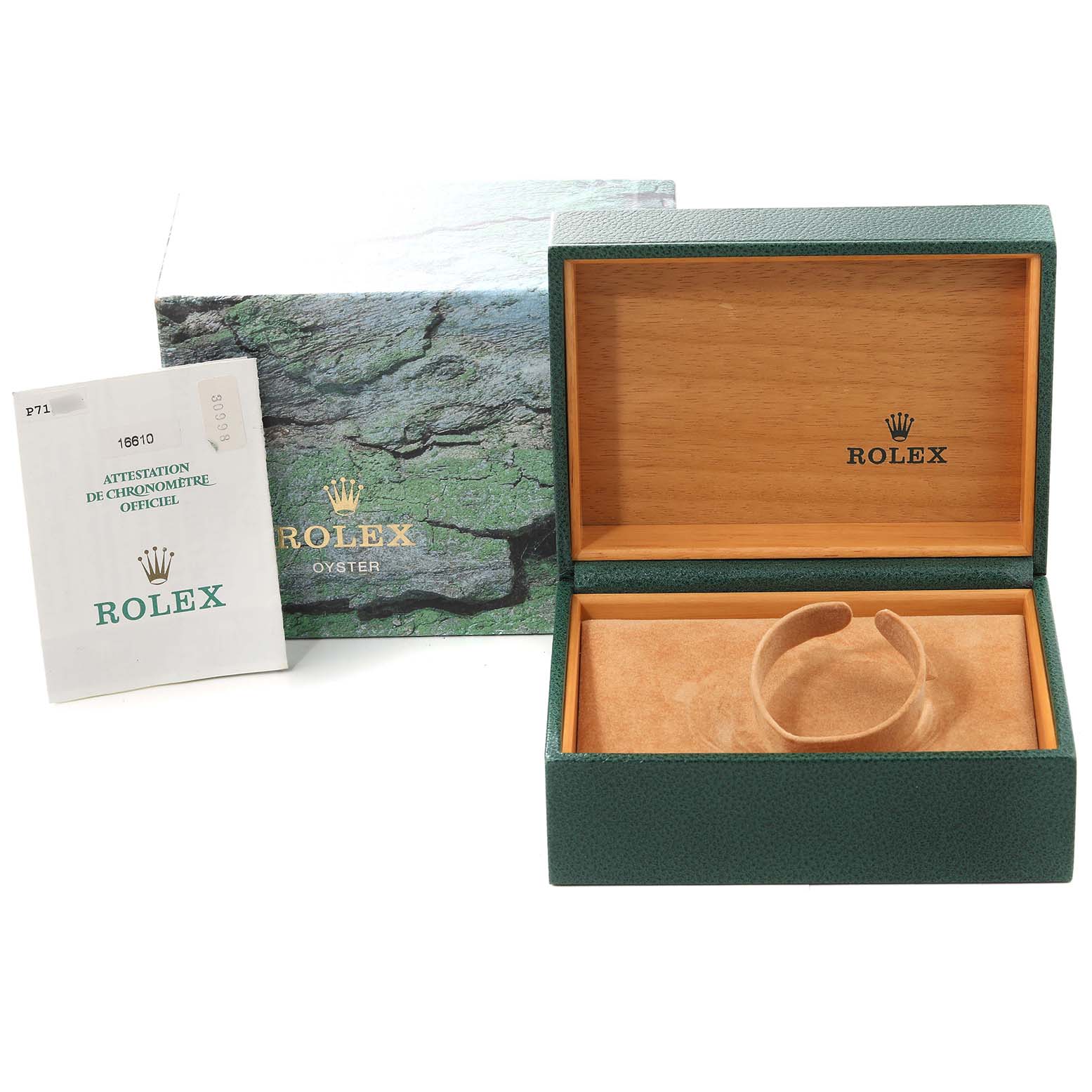 The image shows the packaging and documentation of a Rolex Submariner 16610 Men
s Stainless Steel Black Dial 16610 Men
s Stainless Steel Black Dial, including the box, cushion, and certificate.