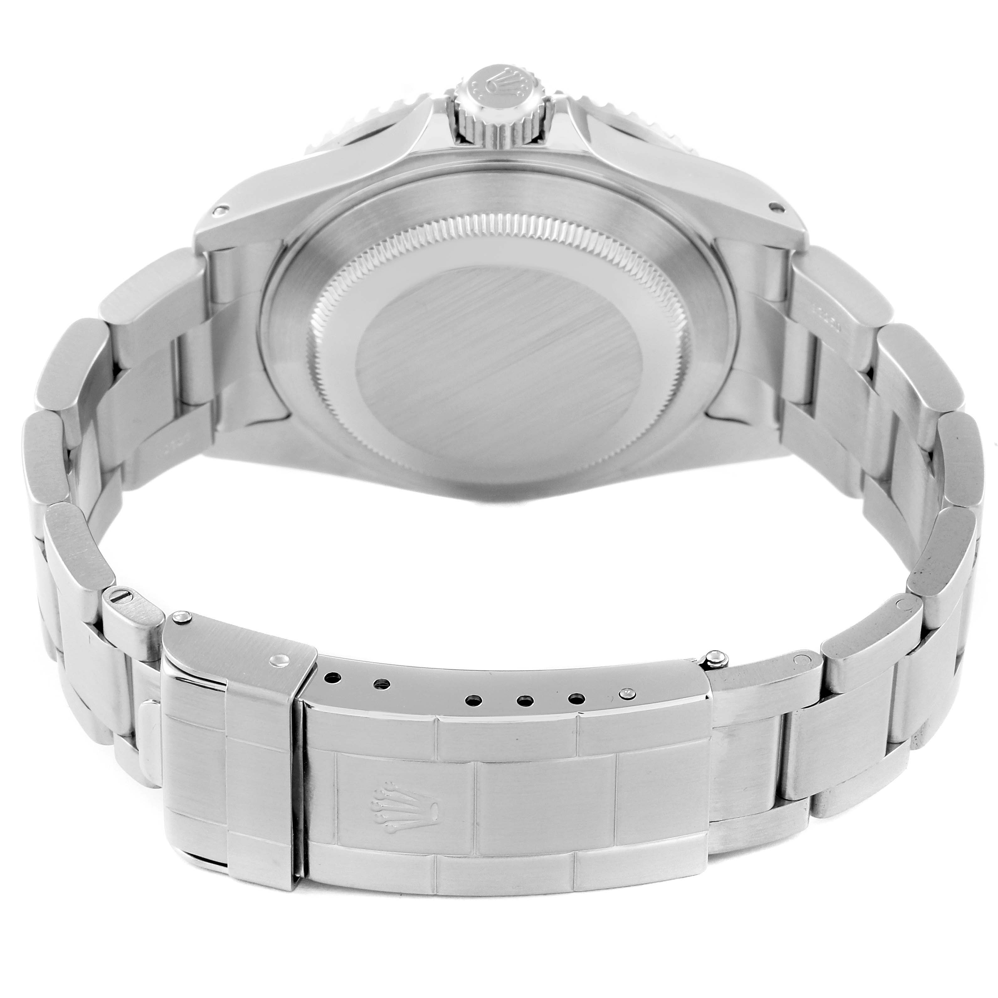 This image shows the back case and bracelet of a Rolex Submariner 16610 Men
s Stainless Steel Black Dial 16610 Men
s Stainless Steel Black Dial watch viewed from the rear.