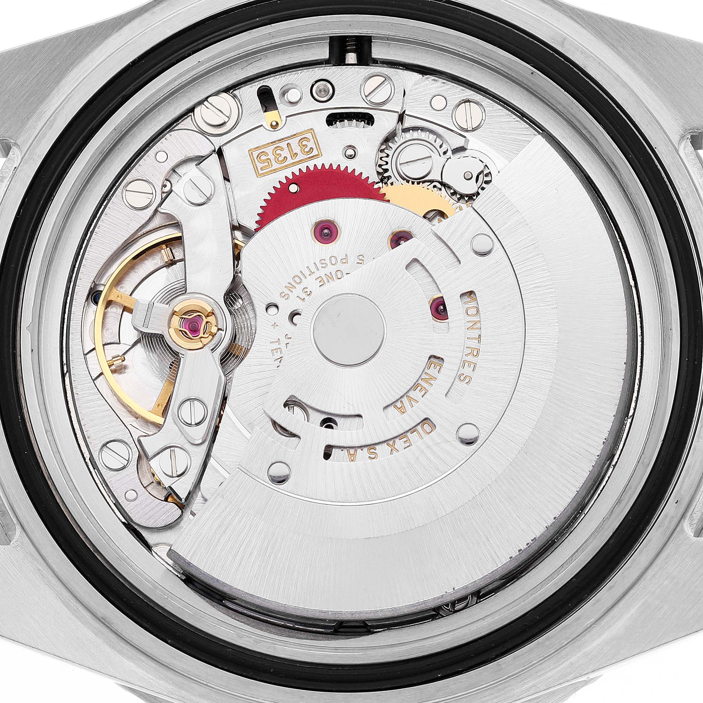 The image shows the internal movement mechanism of the Rolex Submariner 16610 Men
s Stainless Steel Black Dial 16610 Men
s Stainless Steel Black Dial watch, viewed from the back.