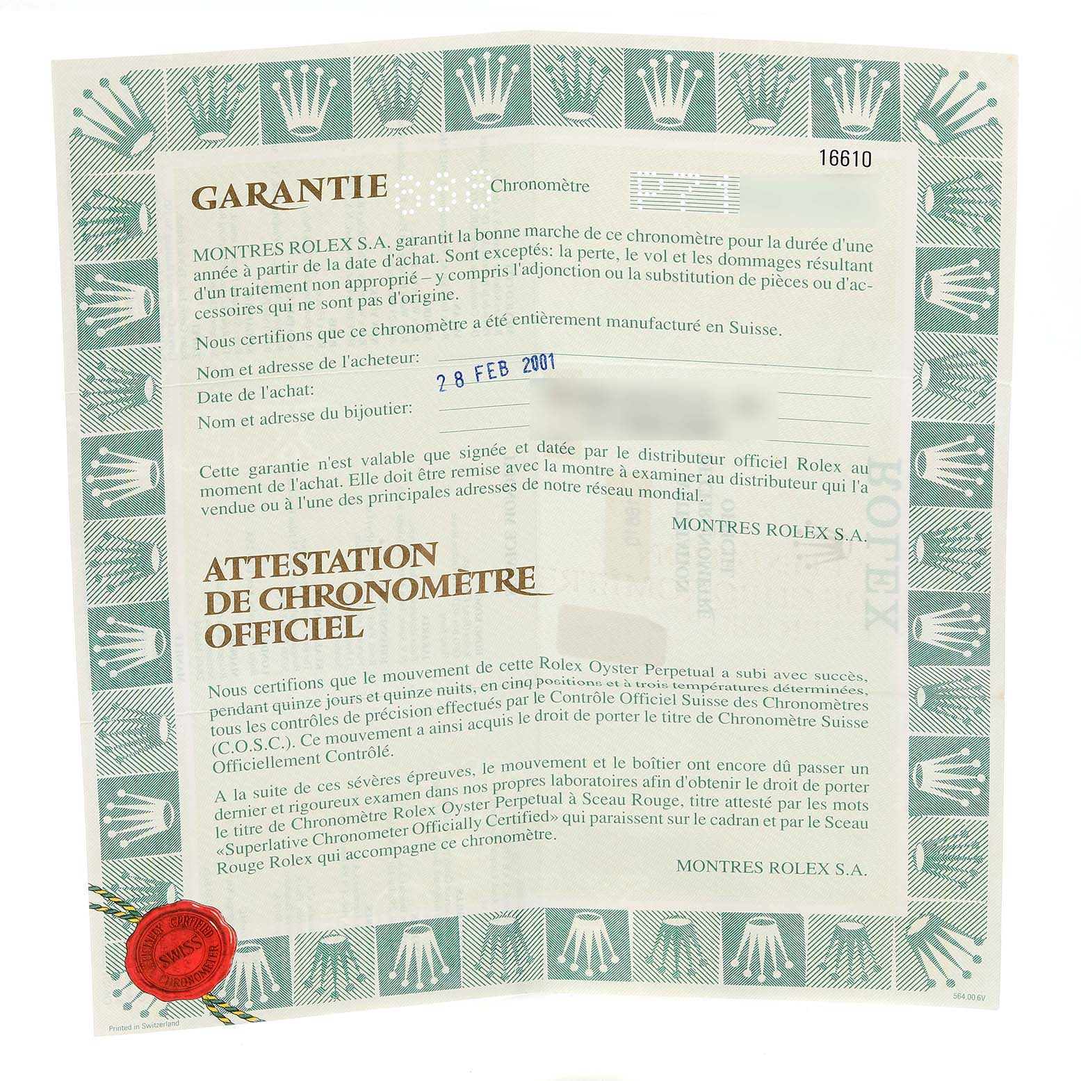 This image shows the warranty certificate and chronometer certification for a Rolex Submariner 16610 Men
s Stainless Steel Black Dial 16610 Men
s Stainless Steel Black Dial model.