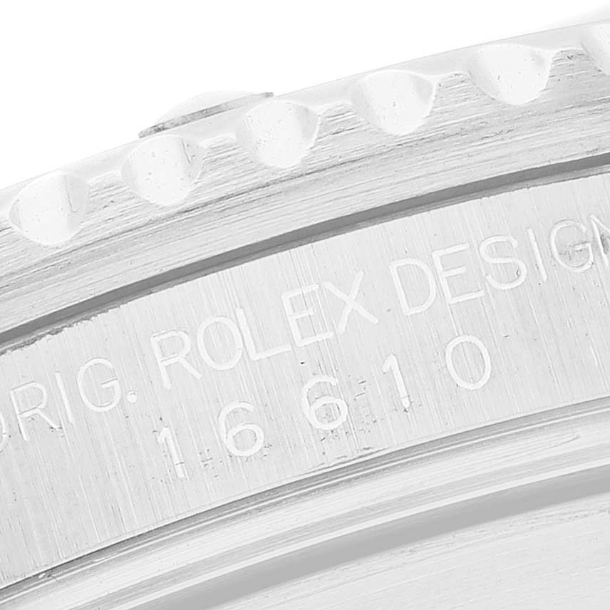 This image shows a close-up view of the case back and engraved model number of a Rolex Submariner 16610 Men
s Stainless Steel Black Dial 16610 Men
s Stainless Steel Black Dial watch.