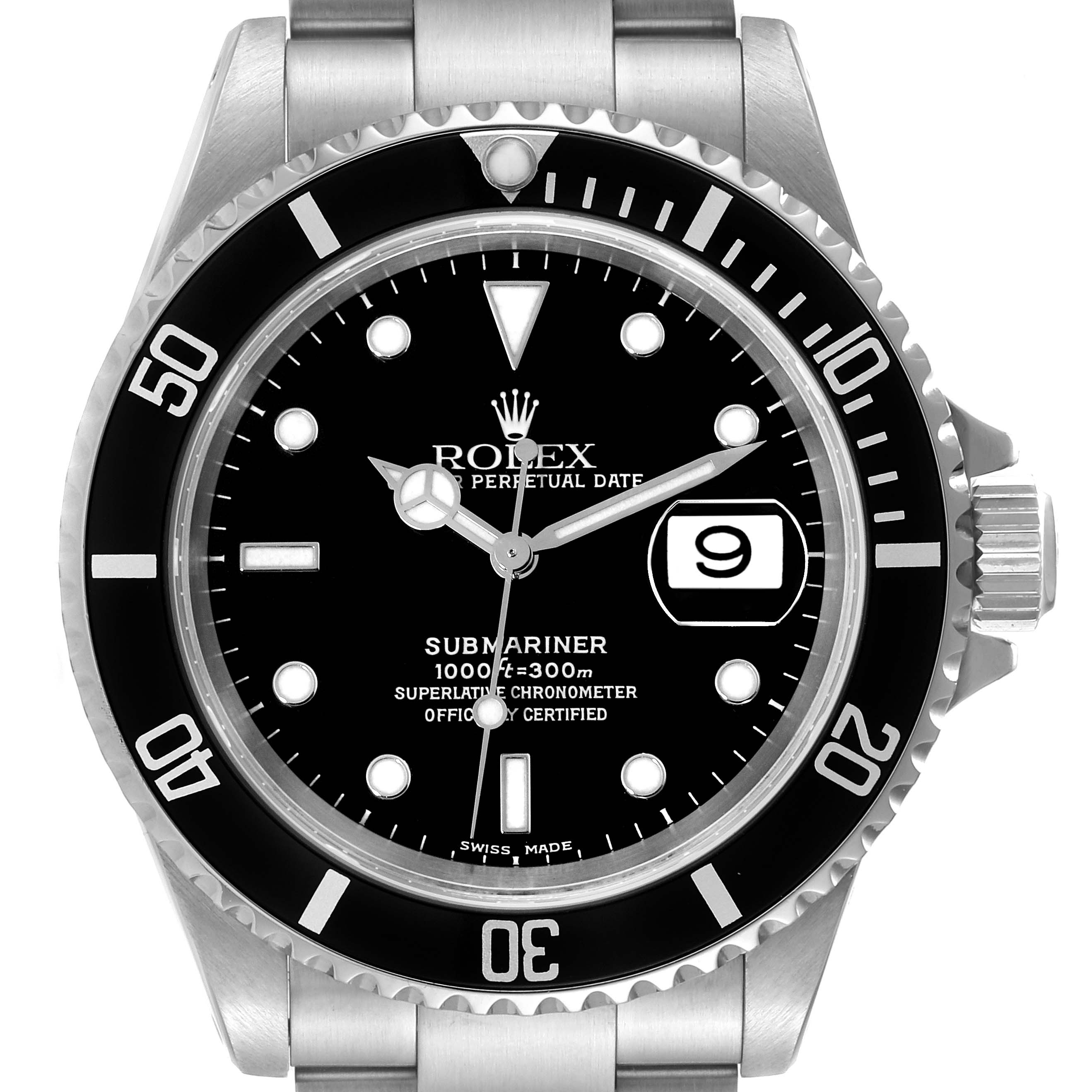 The image shows a Rolex Submariner 16610 Men
s Stainless Steel Black Dial 16610 Men
s Stainless Steel Black Dial watch from a front angle, highlighting the dial, bezel, and part of the bracelet.