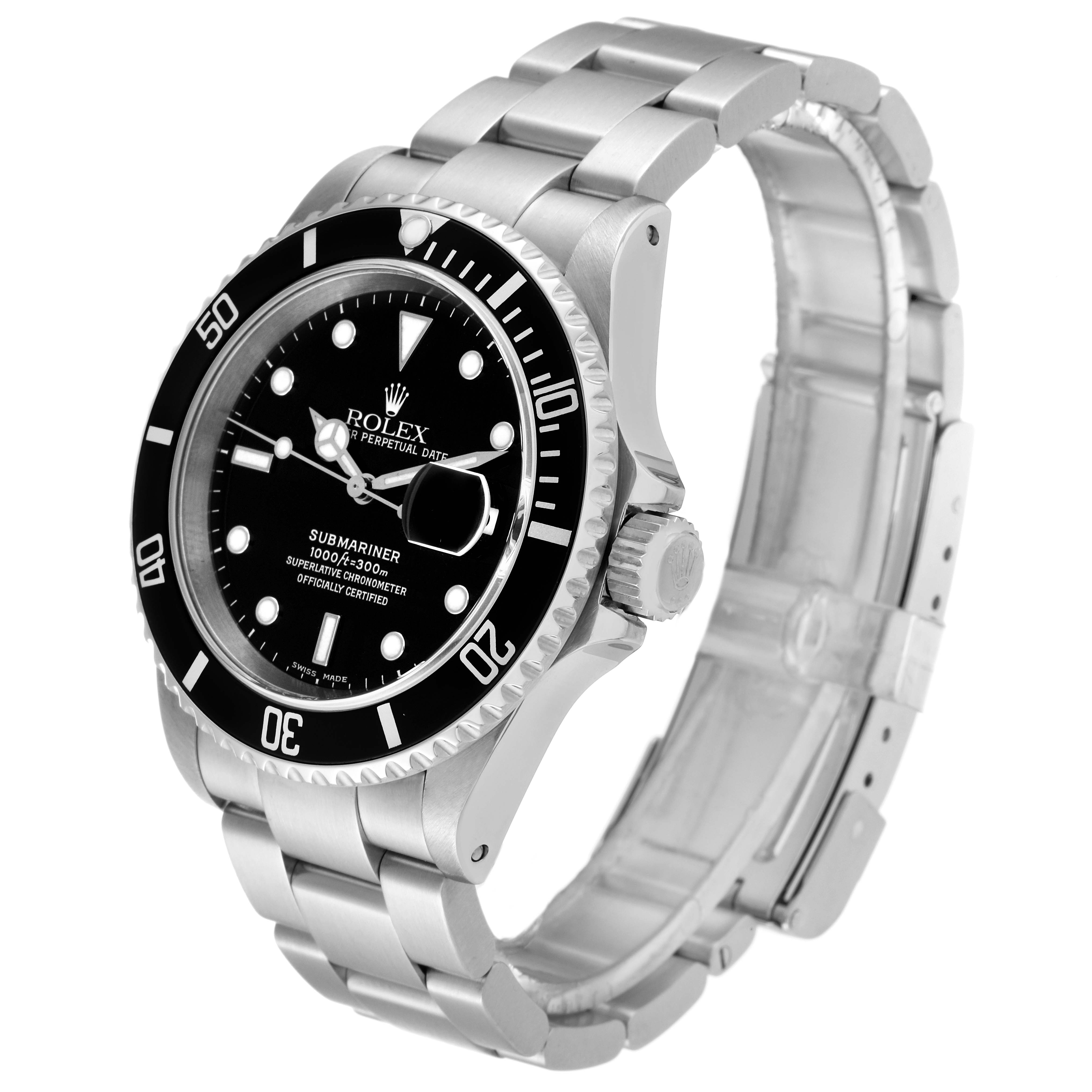 The image shows a Rolex Submariner 16610 Men
s Stainless Steel Black Dial 16610 Men
s Stainless Steel Black Dial watch from an angled side view, highlighting the face, bezel, crown, and bracelet.